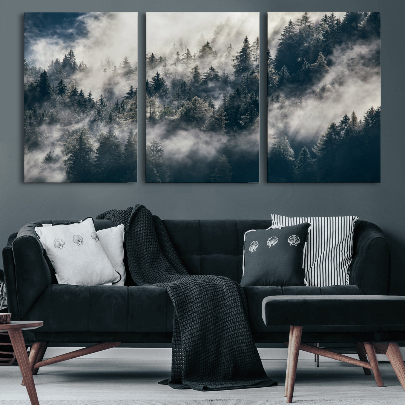 63405824-MGV-CV-36X24 - Foggy Mountain Forest Canvas Print, Misty Pine Trees Nature Wall Art, Framed Canvas Ready to Hang