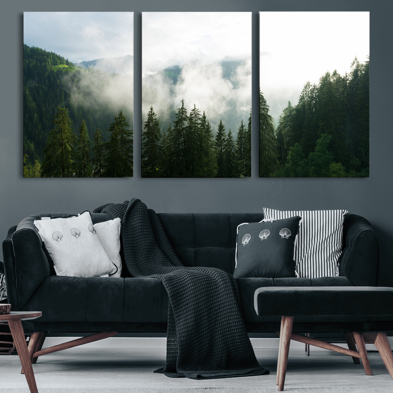 67174129-MGV-CV-36X24 - Misty Mountain Forest Canvas Print, Foggy Pine Trees Nature Wall Art, Framed Canvas Ready to Hang
