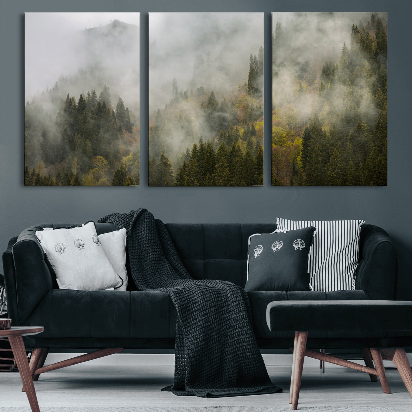 31152954-MGV-CV-36X24 - Misty Mountain Forest Canvas Print, Foggy Pine Trees Nature Wall Art, Framed Canvas Ready to Hang