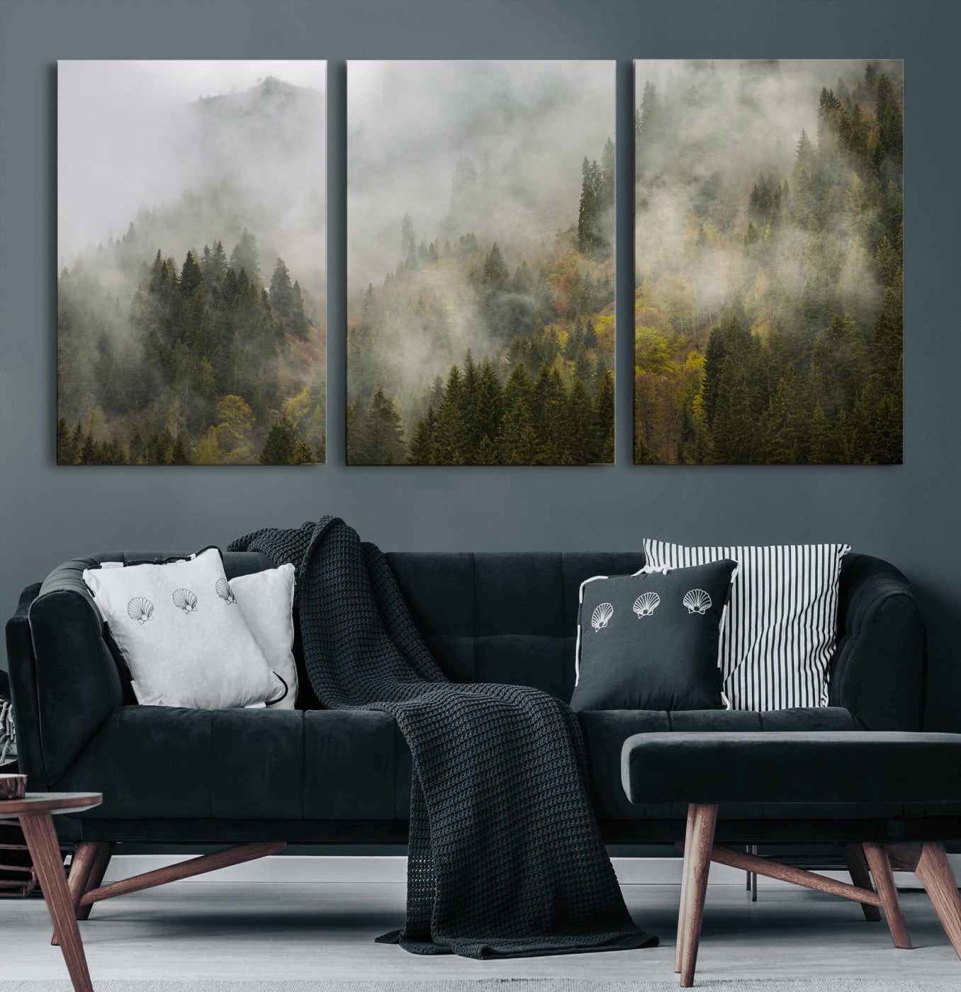 31152954-MGV-CV-36X24 - Misty Mountain Forest Canvas Print, Foggy Pine Trees Nature Wall Art, Framed Canvas Ready to Hang