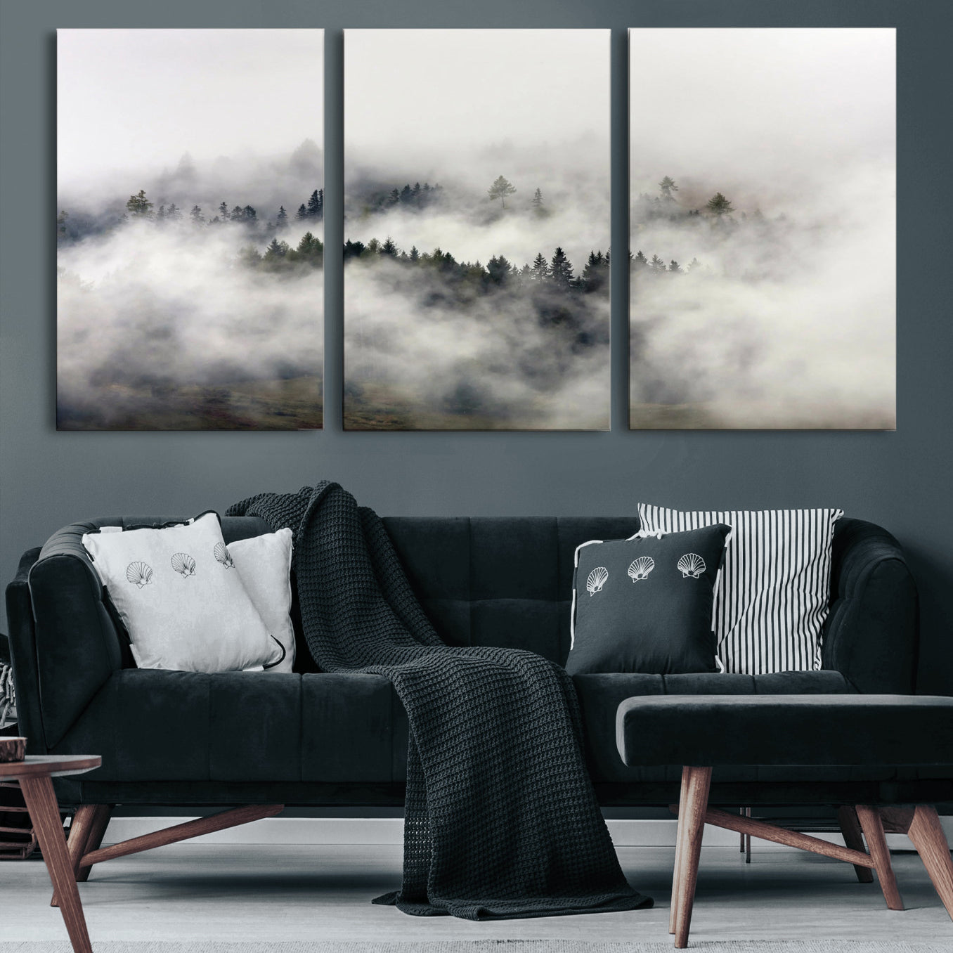 63235457-MGV-CV-36X24 - Foggy Forest Wall Art Canvas Print, Misty Pine Tree Landscape Wall Art Print, Framed Wall Art Ready to Hang