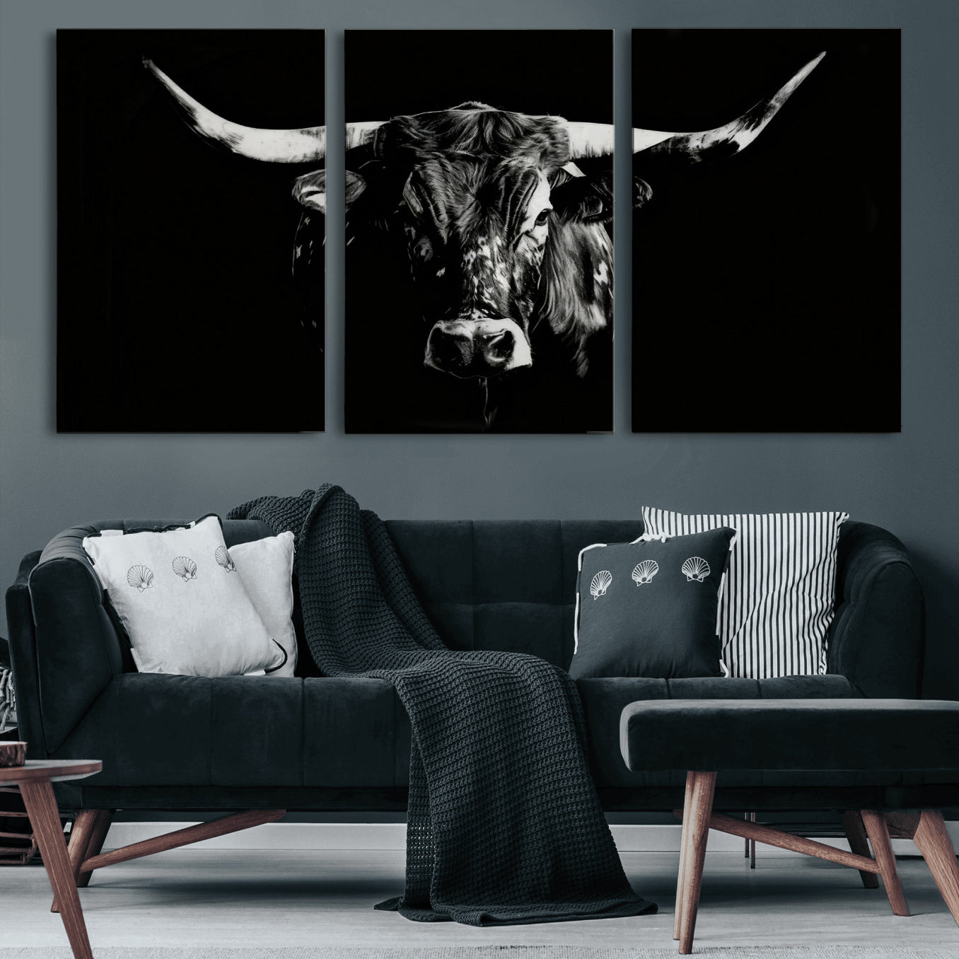 21436434-MGV-CV-36X24 - Black Bull Wall Art Canvas Print, Dark Longhorn Portrait Photography, Framed Wall Art Ready to Hang