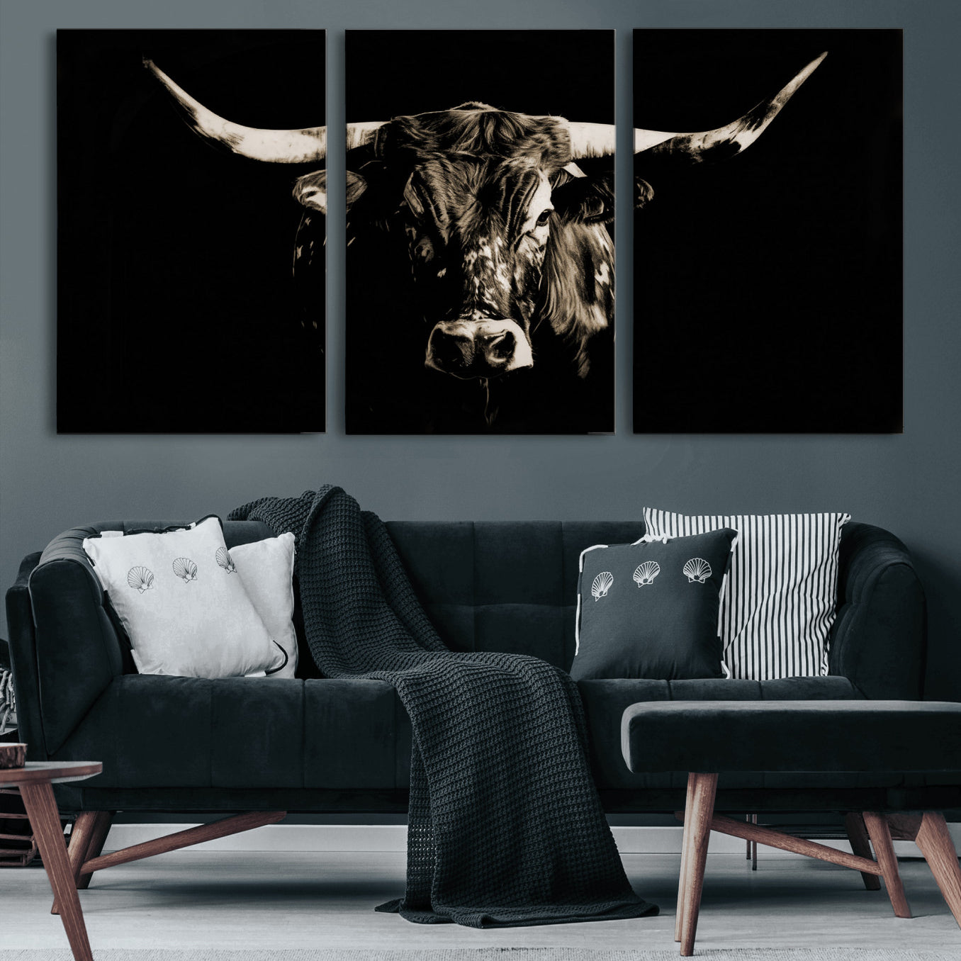 75774468-MGV-CV-36X24 - Black Bull Wall Art Canvas Print, Dark Longhorn Portrait Photography, Framed Wall Art Ready to Hang