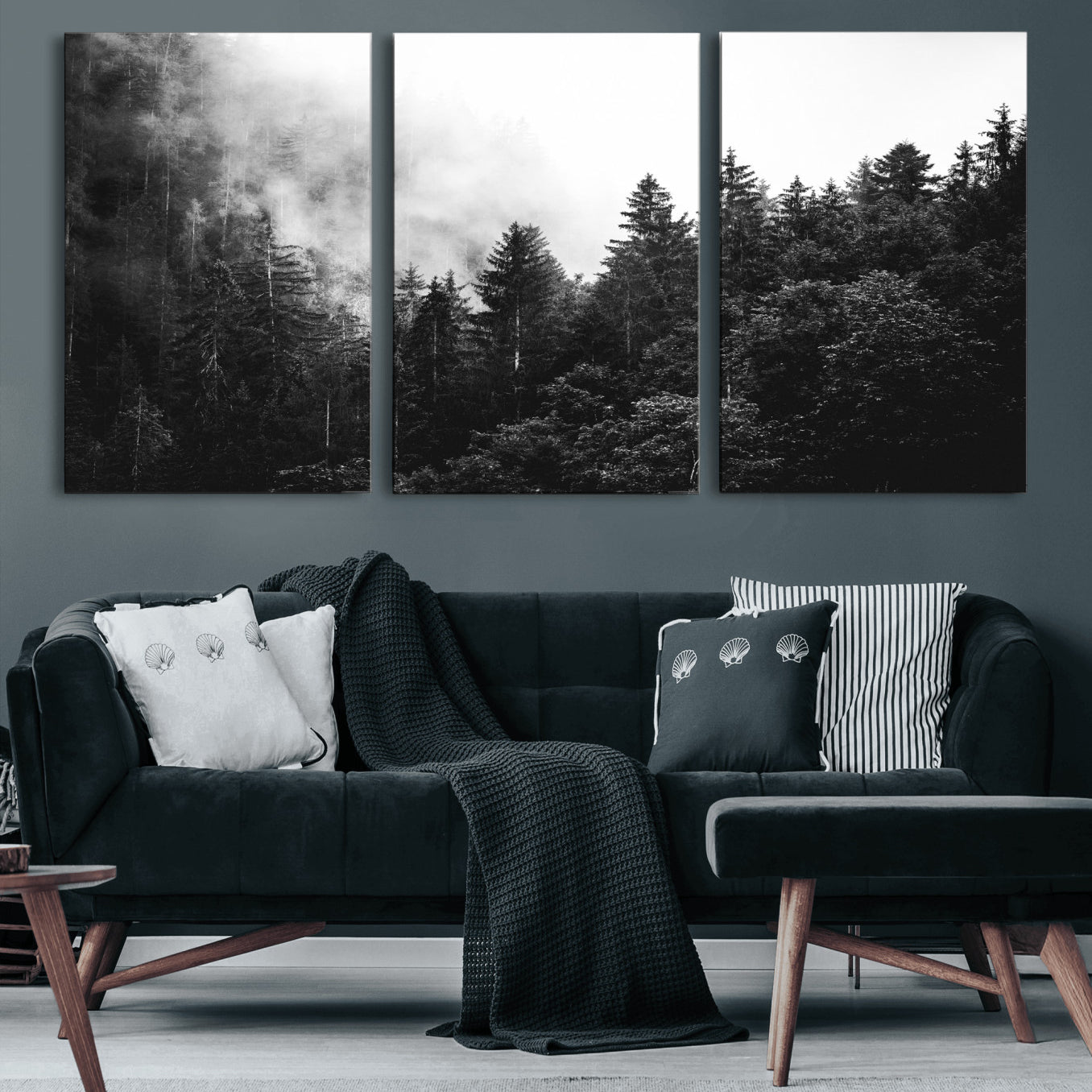 98764151-MGV-CV-36X24 - Black and White Forest Wall Art Canvas Print, Misty Pine Tree Landscape Photography, Framed Wall Art Ready to Hang