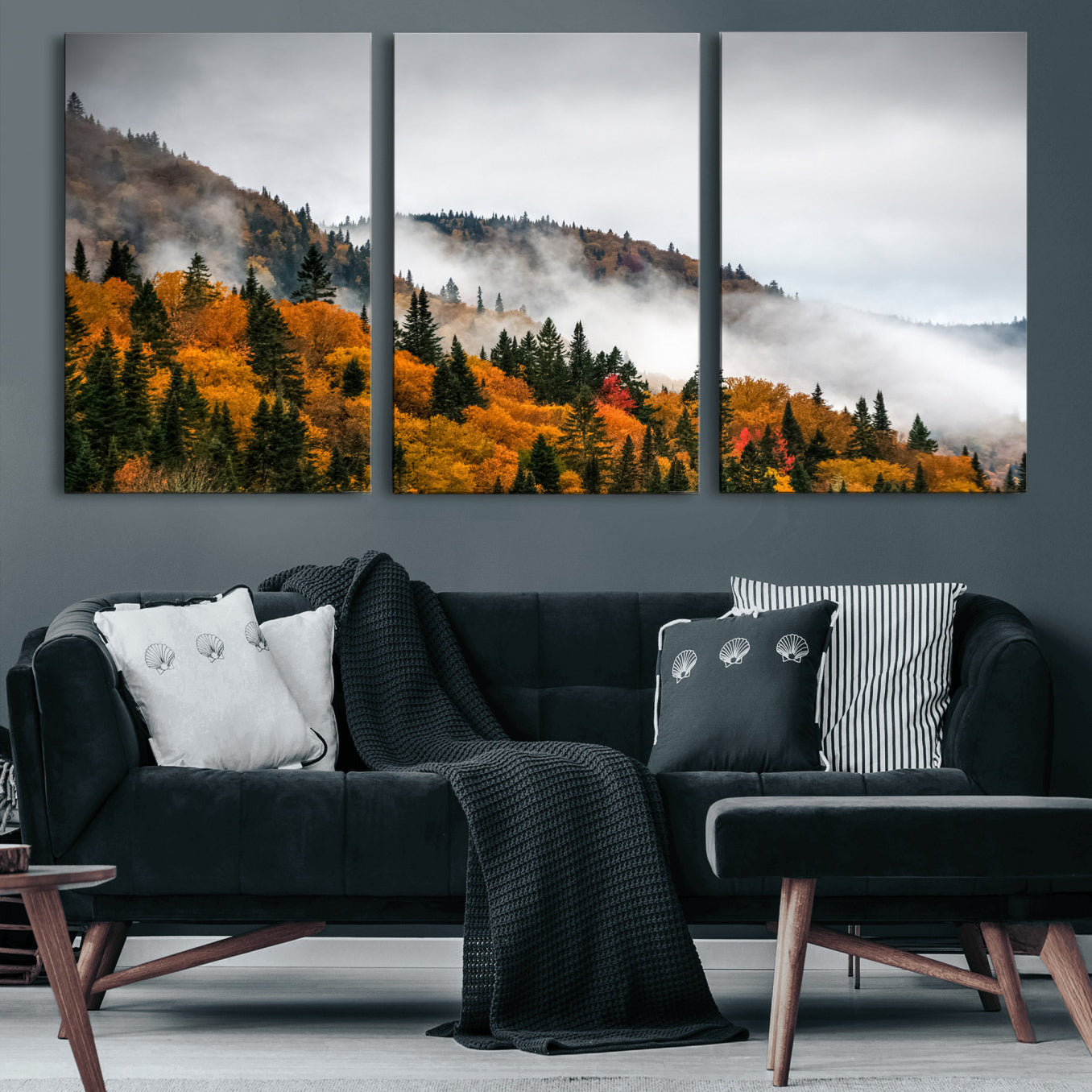 93581632-MGV-CV-36X24 - Autumn Forest Wall Art Canvas Print, Foggy Mountain Landscape Nature Photography, Framed Wall Art Ready to Hang