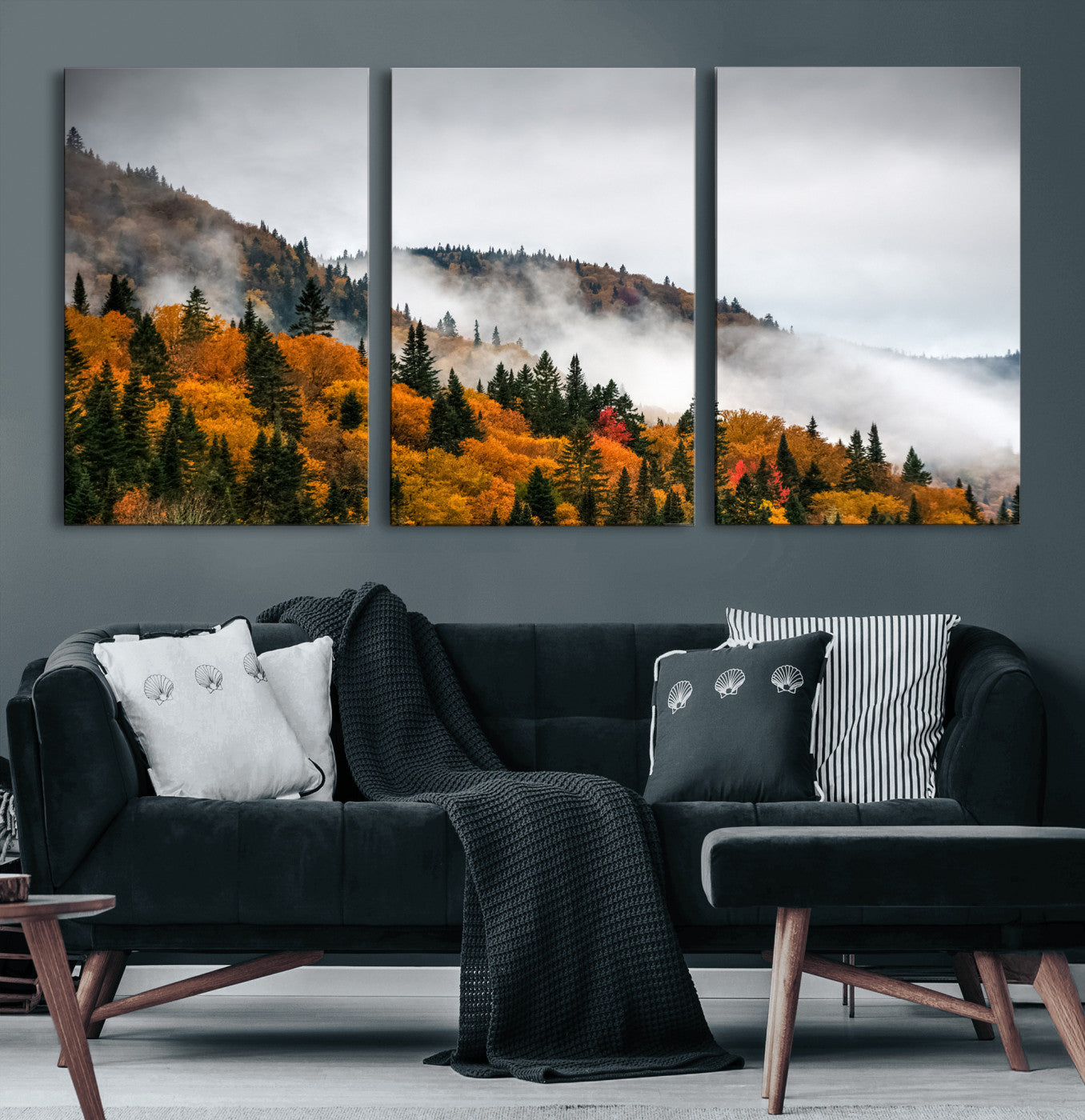 93581632-MGV-CV-36X24 - Autumn Forest Wall Art Canvas Print, Foggy Mountain Landscape Nature Photography, Framed Wall Art Ready to Hang