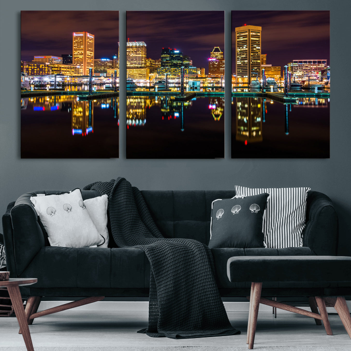 38201692-MGV-CV-36X24 - Baltimore Skyline Wall Art Canvas Print, Baltimore Downtown Night Cityscape Print for Modern Urban Wall Decor