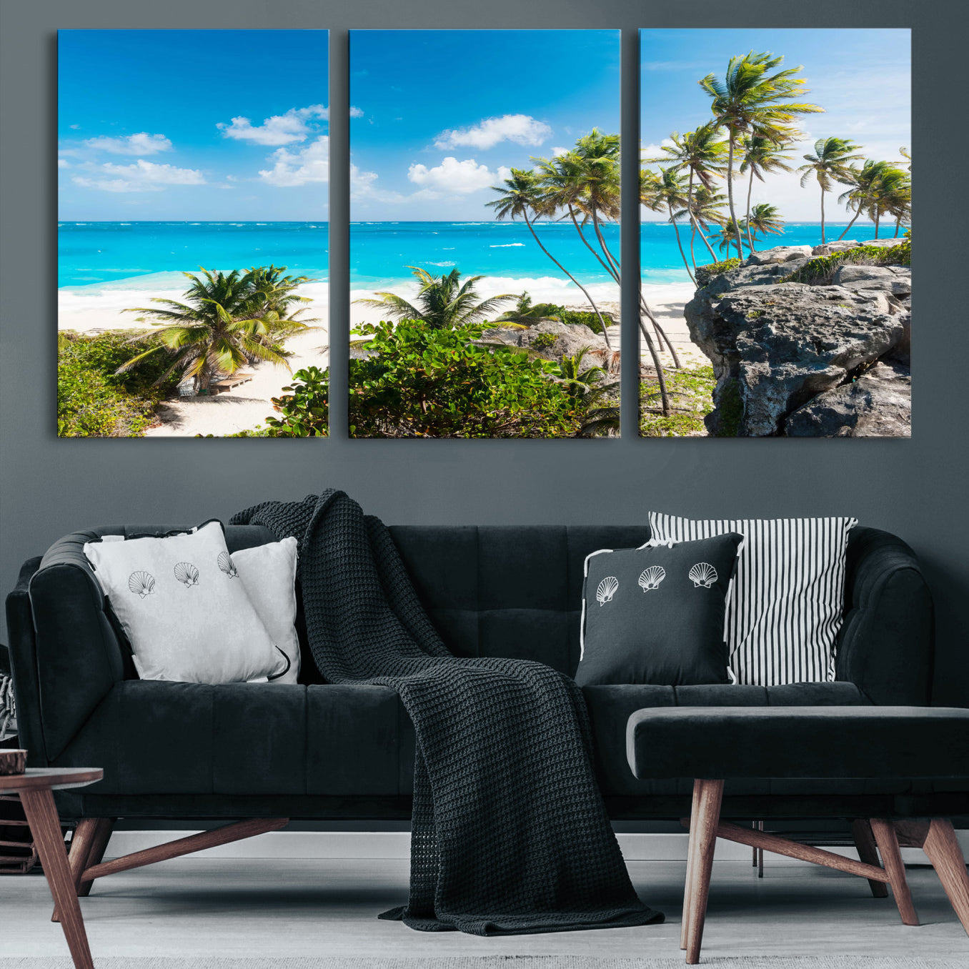 79995168-MGV-CV-36X24 - Barbados Beach Wall Art Canvas Print, Palm Tree Ocean Landscape, Turquoise Sea Coastal Photography, Tropical Island Wall Decor, Framed Ready to Hang