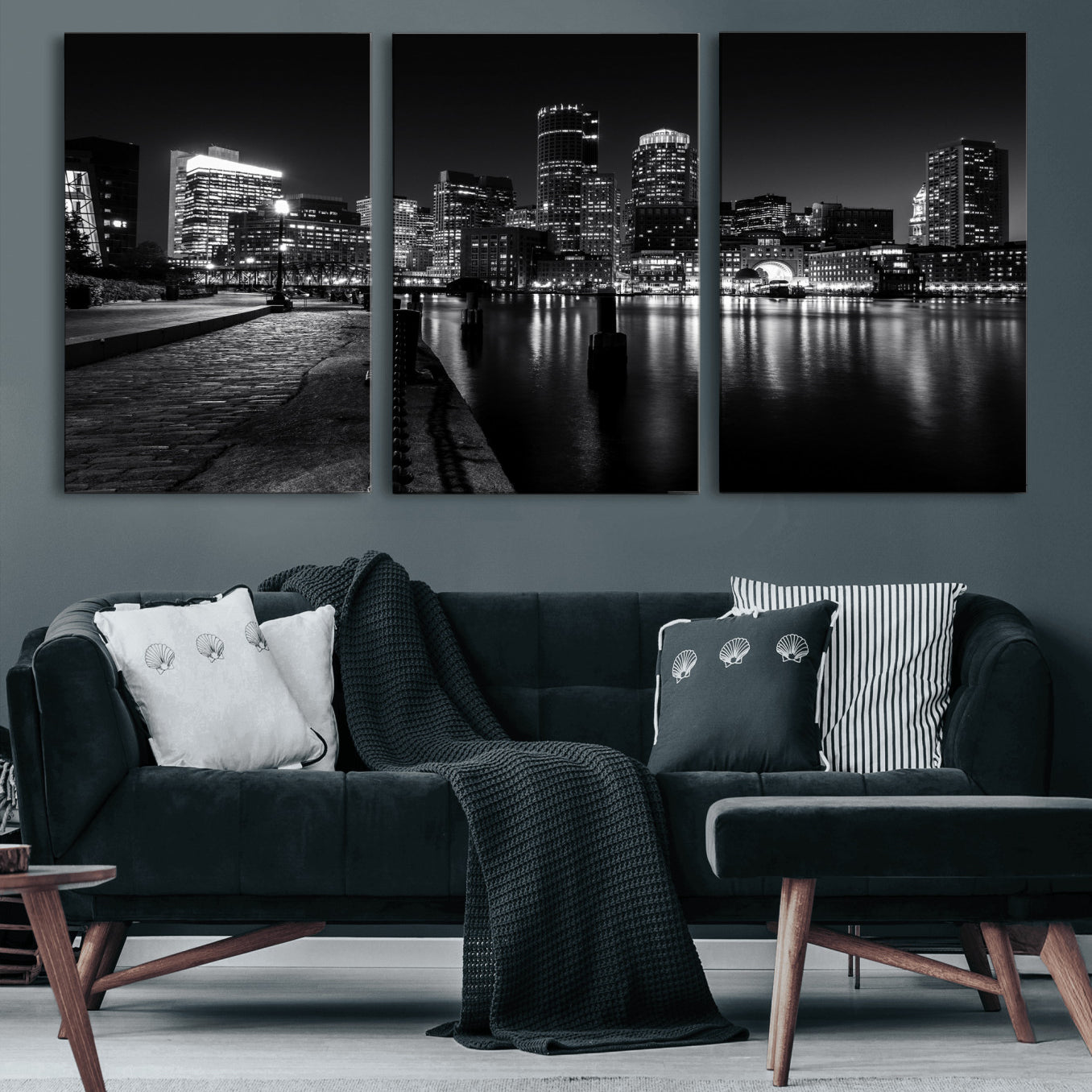 53082656-MGV-CV-36X24 - Boston Wall Art Canvas Print, Boston City Downtown Night Cityscape Print for Modern Urban Wall Decor