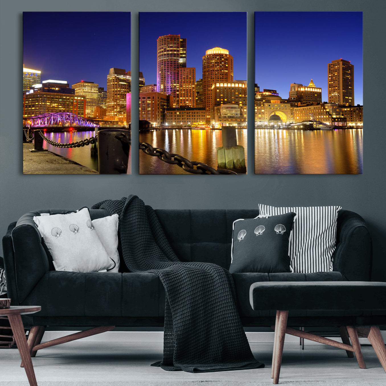 56611117-MGV-CV-36X24 - Boston Wall Art Canvas Print, Boston City Downtown Night Cityscape Print for Modern Urban Wall Decor