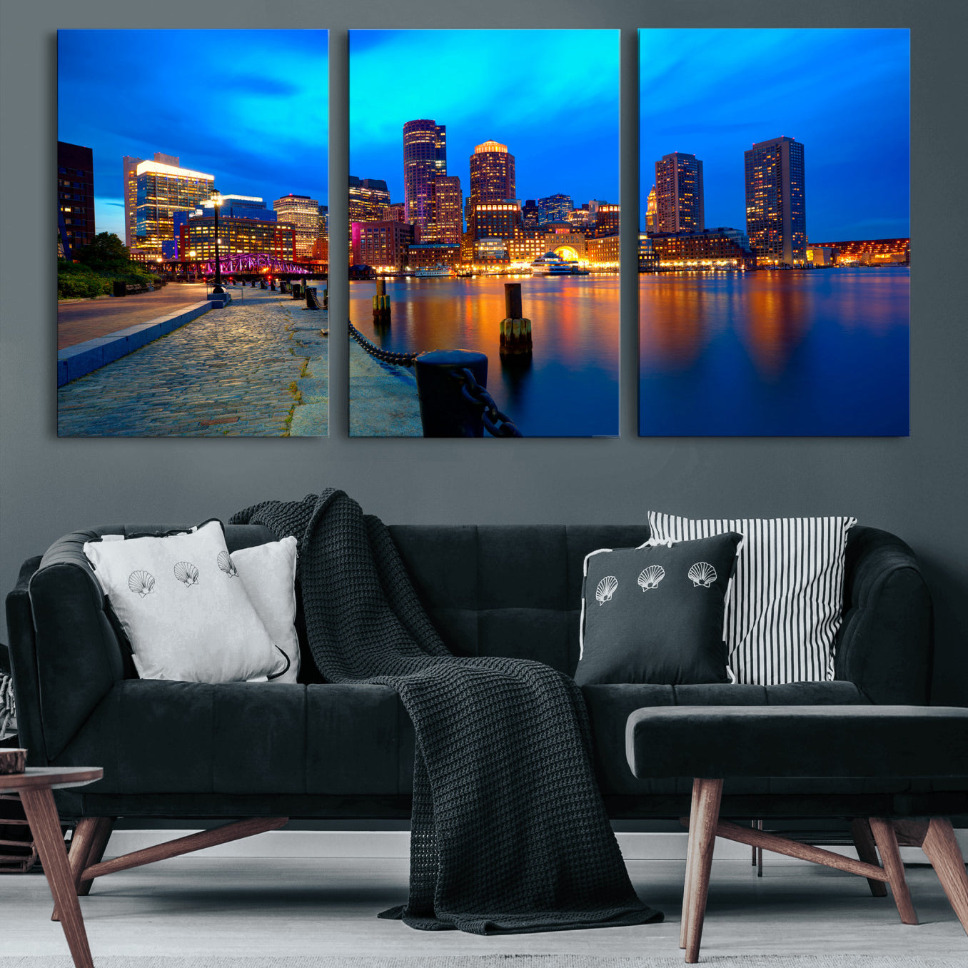 69619565-MGV-CV-36X24 - Boston Wall Art Canvas Print, Boston City Downtown Night Cityscape Print for Modern Urban Wall Decor