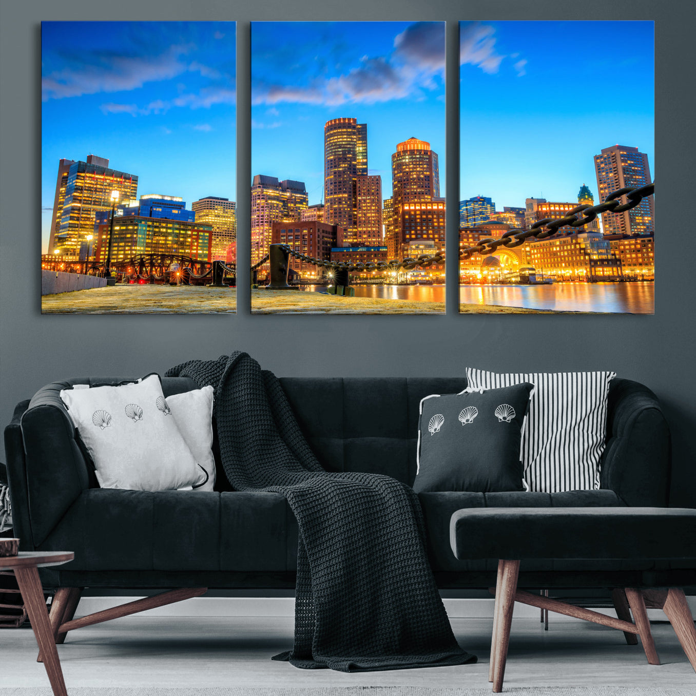 46736409-MGV-CV-36X24 - Boston Wall Art Canvas Print, Boston City Downtown Night Cityscape Print for Modern Urban Wall Decor