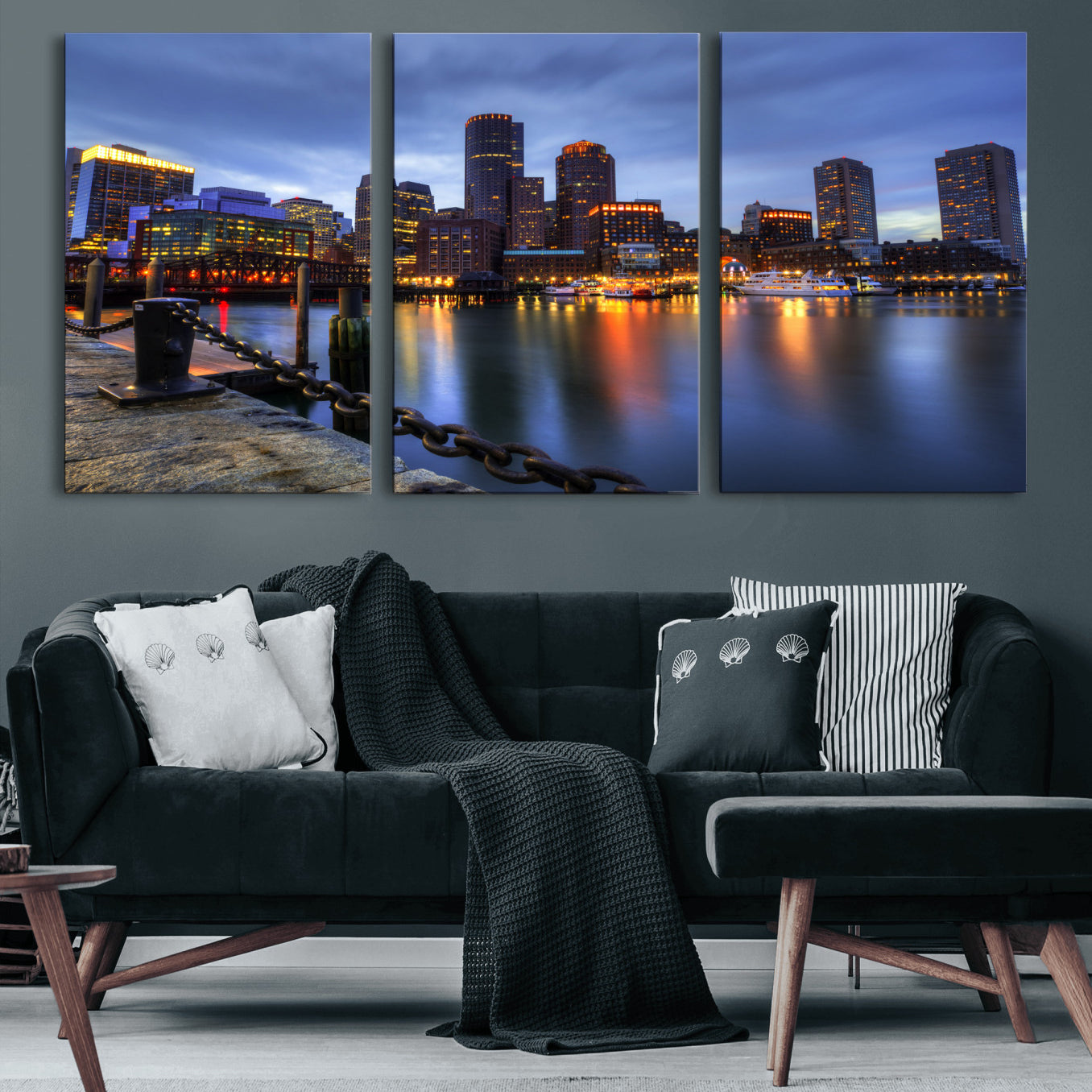 82439622-MGV-CV-36X24 - Boston Wall Art Canvas Print, Boston City Downtown Night Cityscape Print for Modern Urban Wall Decor