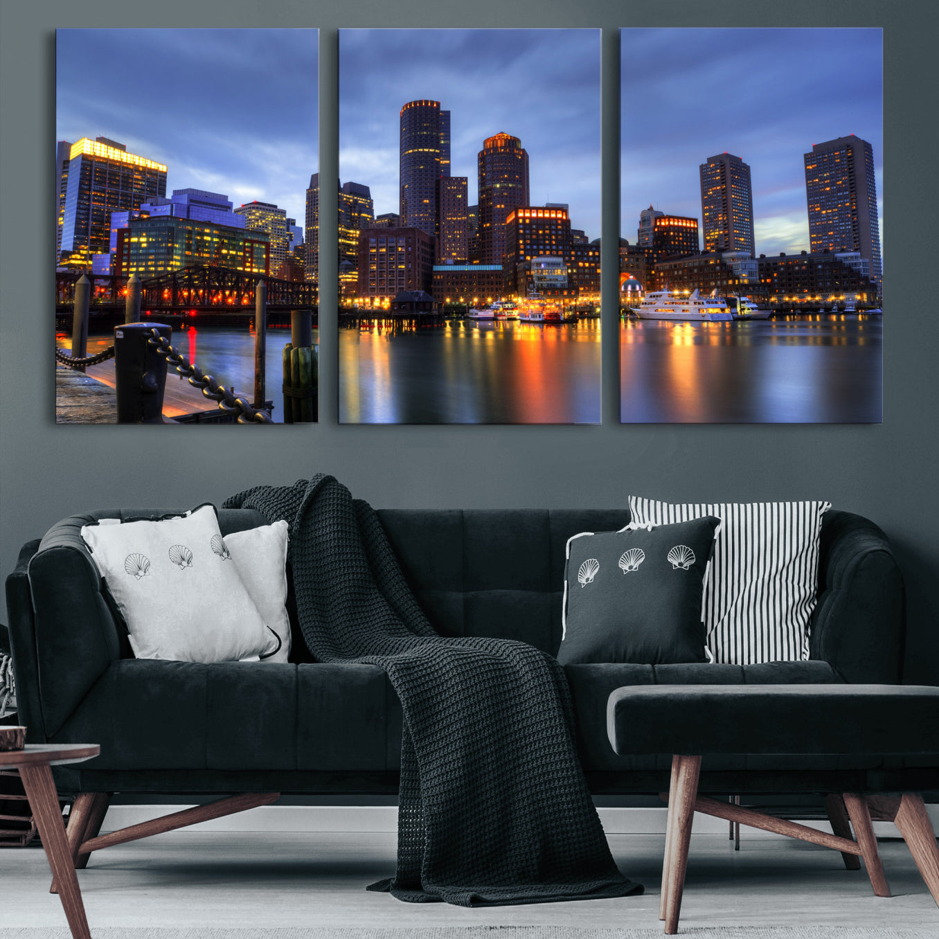 74951698-MGV-CV-60X30-3P - Boston Wall Art Canvas Print, Boston City Downtown Night Cityscape Print for Modern Urban Wall Decor