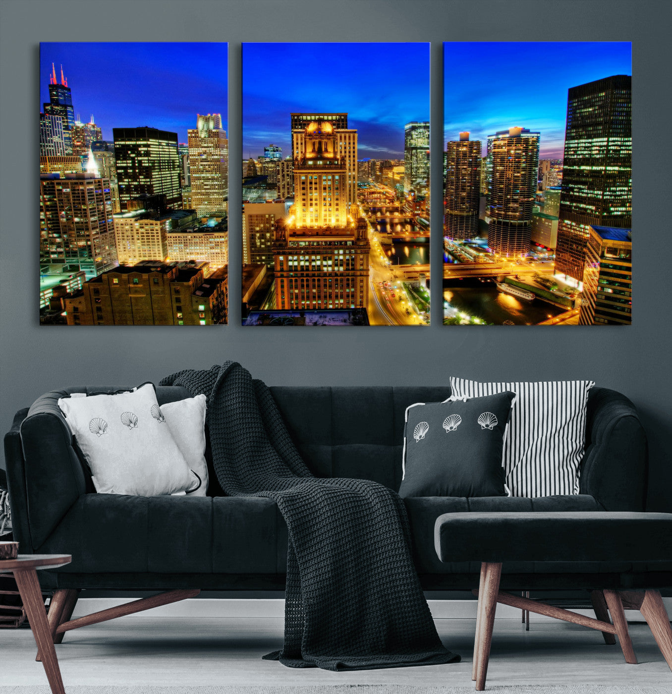 46298885-MGV-CV-36X24 - Chicago Wall Art Canvas Print, Chicago City Downtown Night Cityscape Print for Modern Urban Wall Decor