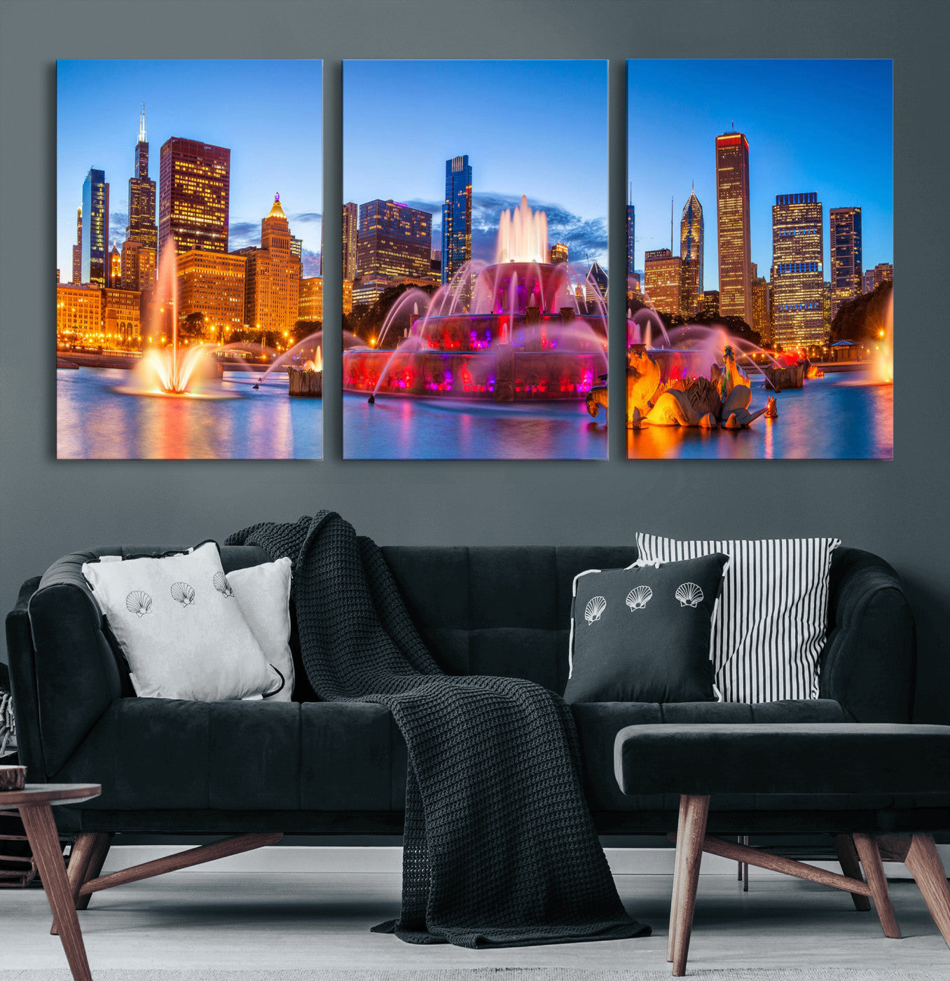 20251989-MGV-CV-36X24 - Chicago Wall Art Canvas Print, Chicago City Downtown Night Cityscape Print for Modern Urban Wall Decor