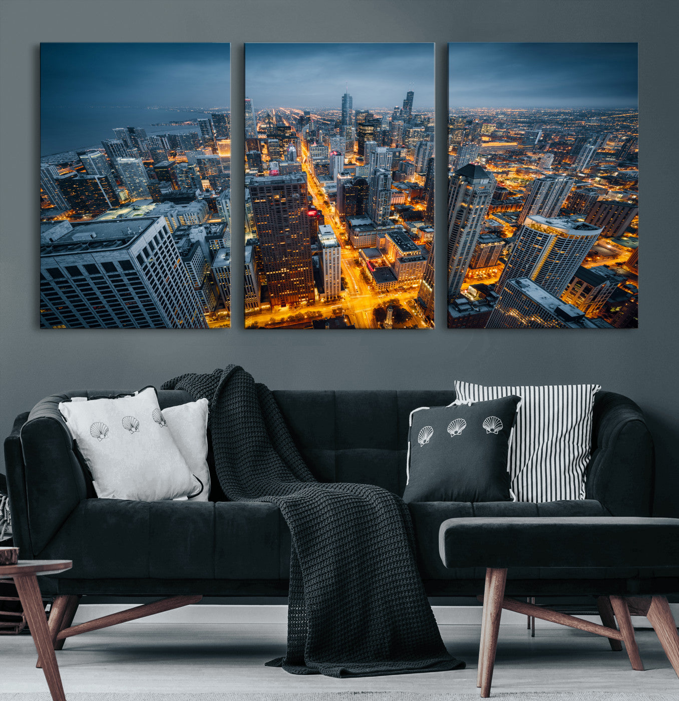 81742538-MGV-CV-36X24 - Chicago Wall Art Canvas Print, Chicago City Downtown Night Cityscape Print for Modern Urban Wall Decor