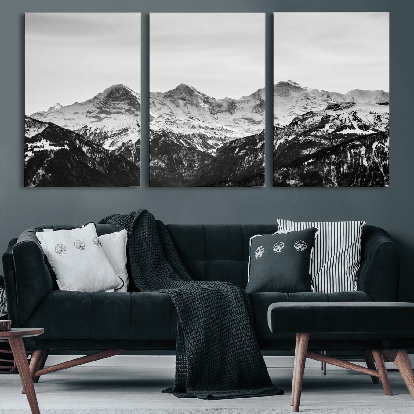 85684934-MGV-CV-36X24 - Black and White Mountain Wall Art Canvas Print, Snowy Alpine Peaks Landscape Photography, Minimal Monochrome Mountain Art, Scenic Nature Wall Decor