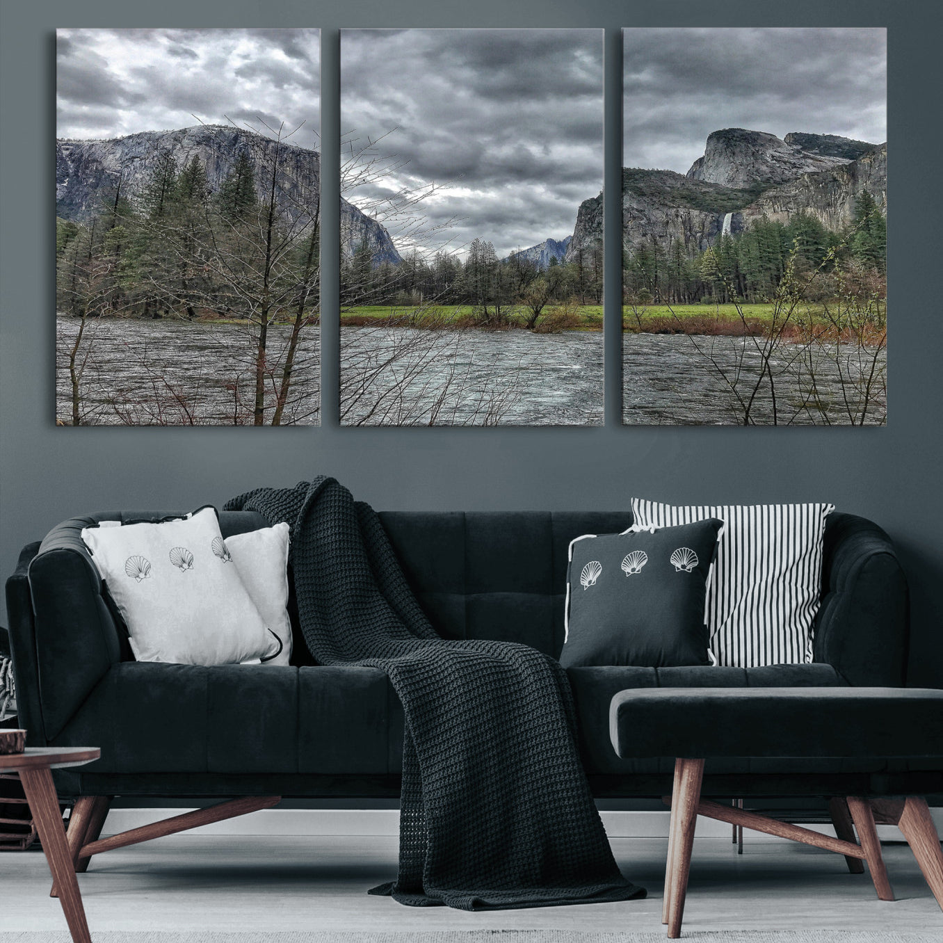 75582552-MGV-CV-36X24 - Yosemite Valley River Landscape Wall Art Canvas Print, Granite Cliffs Forest River Canvas Print, California National Park Moody Scenic Art Printi