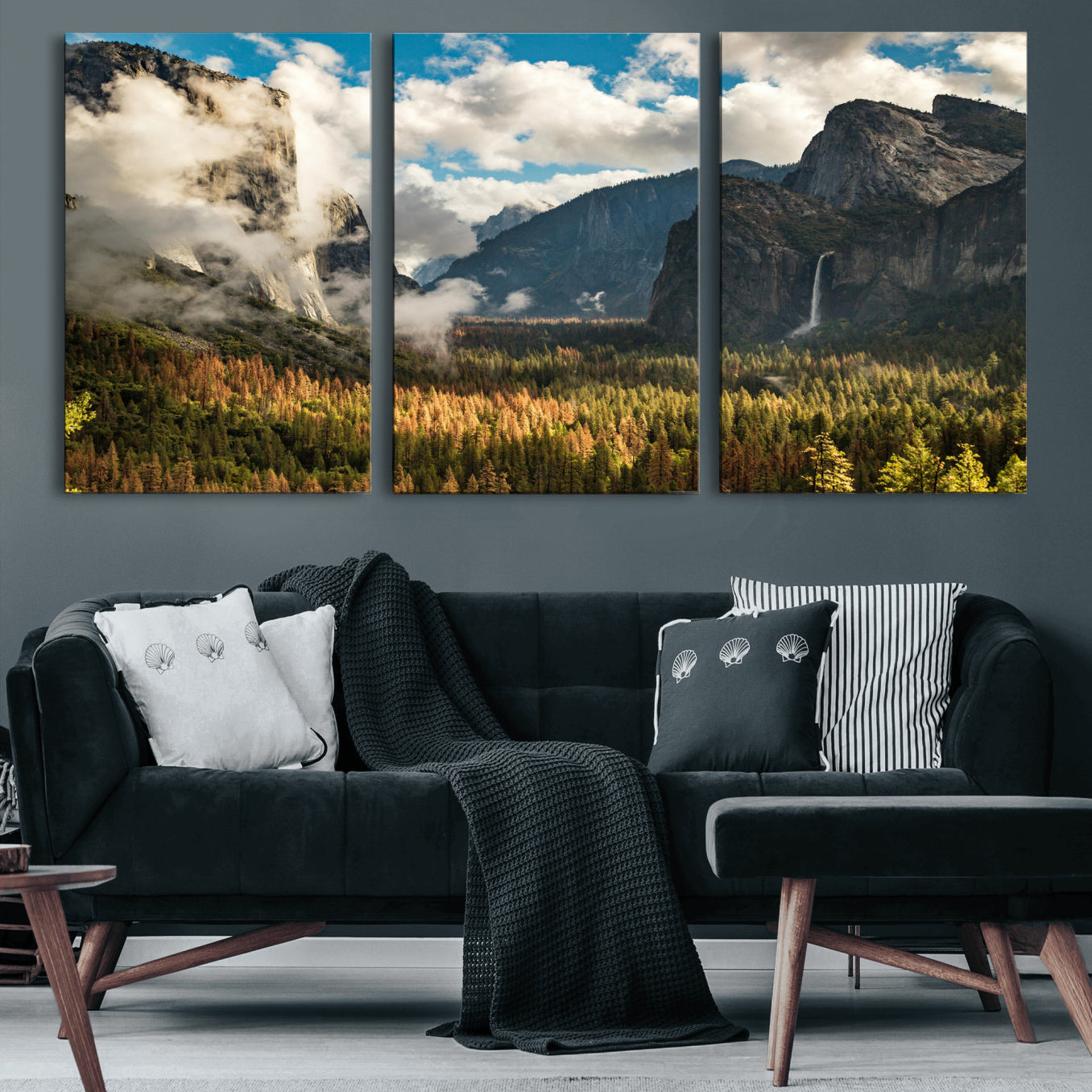 18271001-MGV-CV-36X24 - Yosemite Valley River Landscape Wall Art Canvas Print, Granite Cliffs Forest River Canvas Print, California National Park Moody Scenic Art Printi