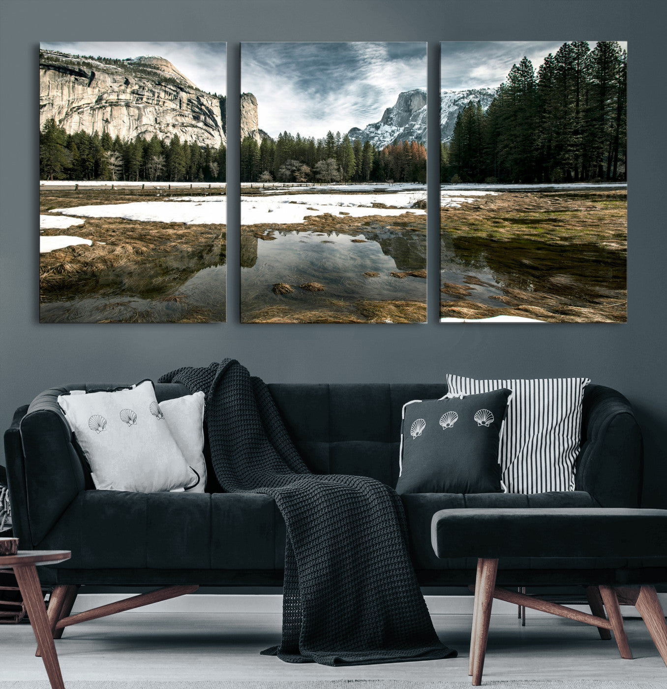 14527348-MGV-CV-36X24 - Yosemite Valley Mountain Landscape Wall Art Canvas Print, Granite Cliff Forest Valley Canvas Print, California National Park Scenic Art Printing