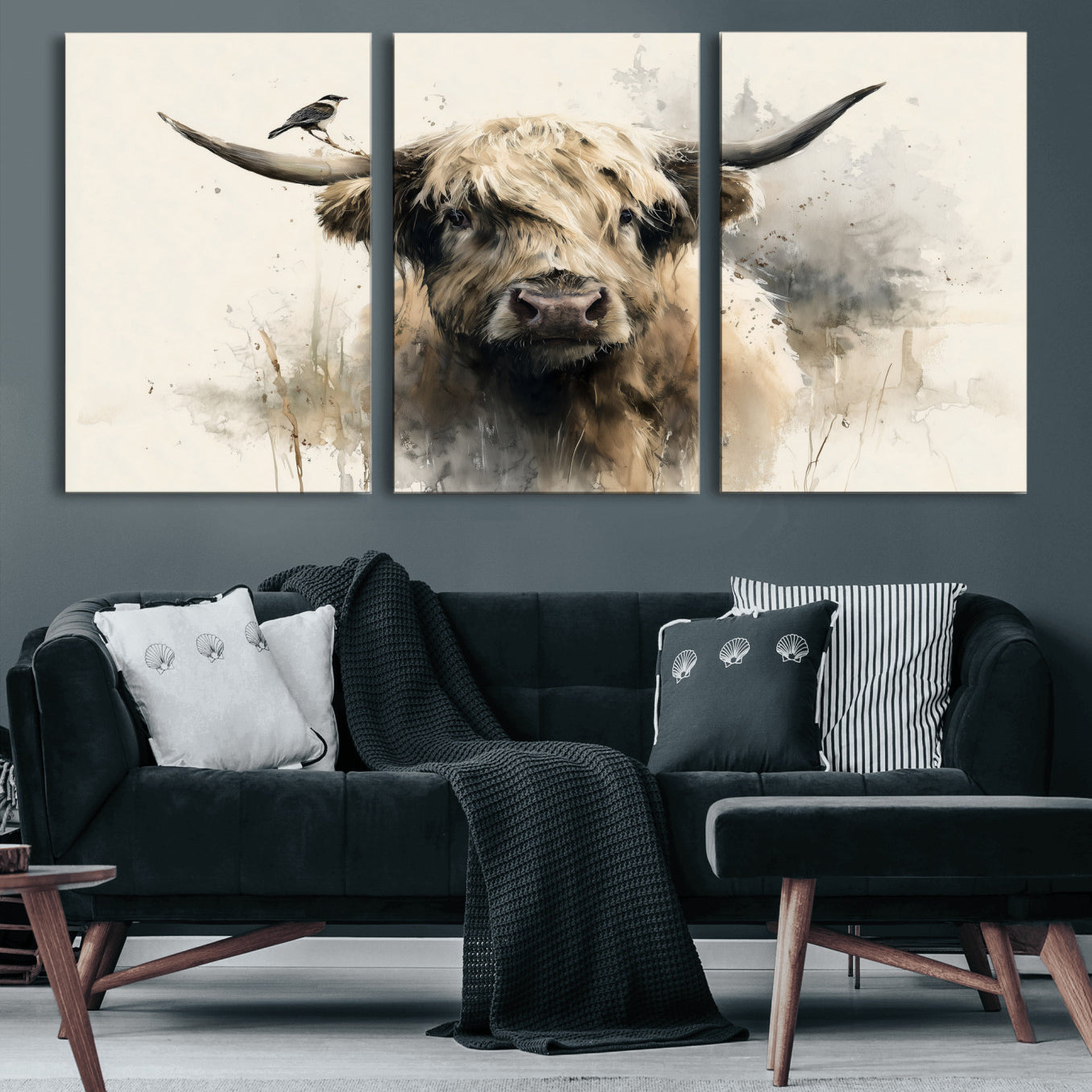 98249290-MGV-CV-36X24 - Abstract Highland Cow Watercolor Animal Wall Art Canvas Print, Rustic Farm Cattle Portrait Canvas Print, Neutral Wildlife Farmhouse Art Printing