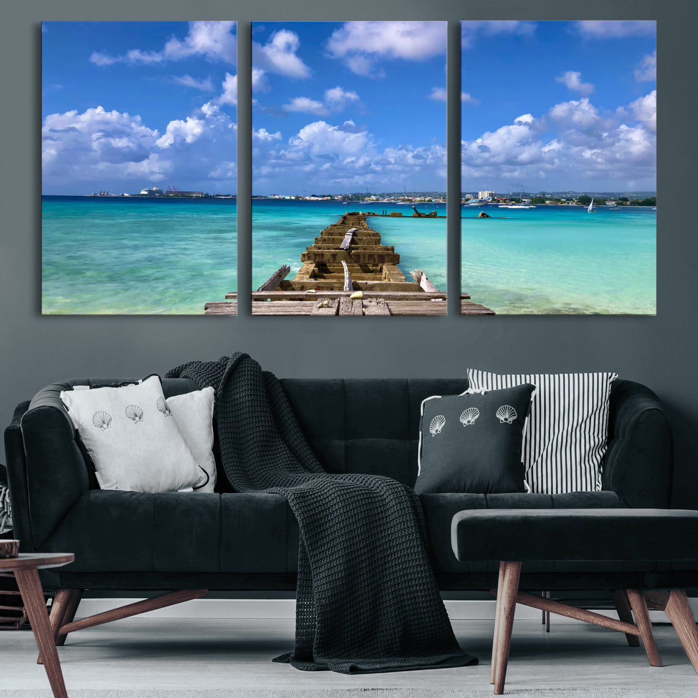 43165024-MGV-CV-36X24 - Caribbean Ocean Pier Seascape Wall Art Canvas Print, Turquoise Sea Tropical Harbor Canvas Print, Island Coastal Blue Water Scenic Art Printing