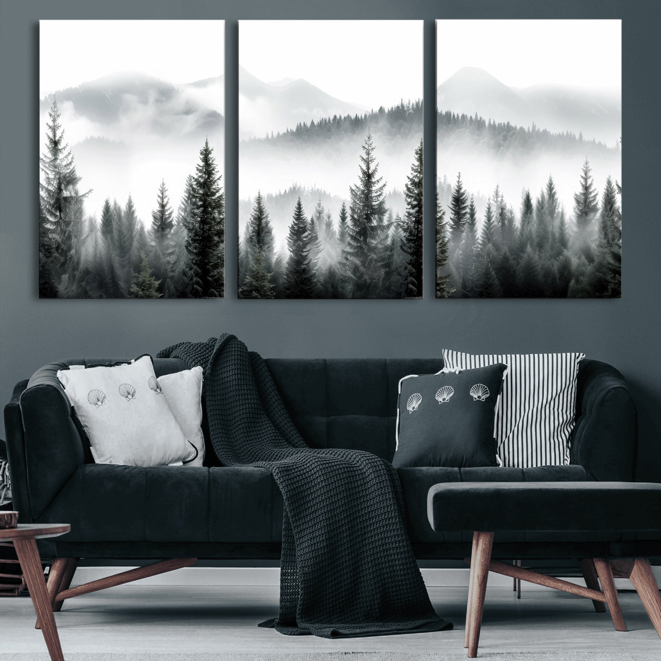 38819032-MGV-CV-36X24 - Misty Pine Forest Mountain Landscape Wall Art Canvas Print, Foggy Evergreen Trees Minimal Nature Canvas Print, Monochrome Wilderness Scenic Art Printing