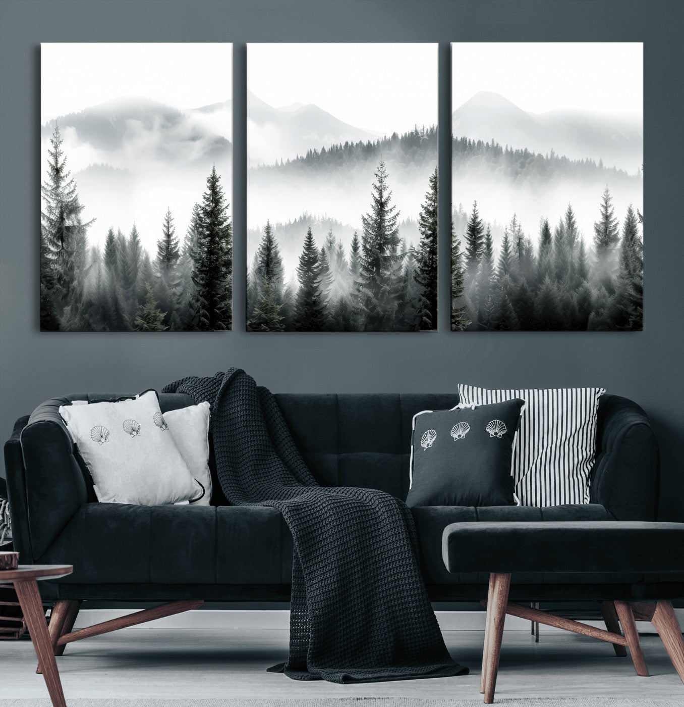 38819032-MGV-CV-36X24 - Misty Pine Forest Mountain Landscape Wall Art Canvas Print, Foggy Evergreen Trees Minimal Nature Canvas Print, Monochrome Wilderness Scenic Art Printing