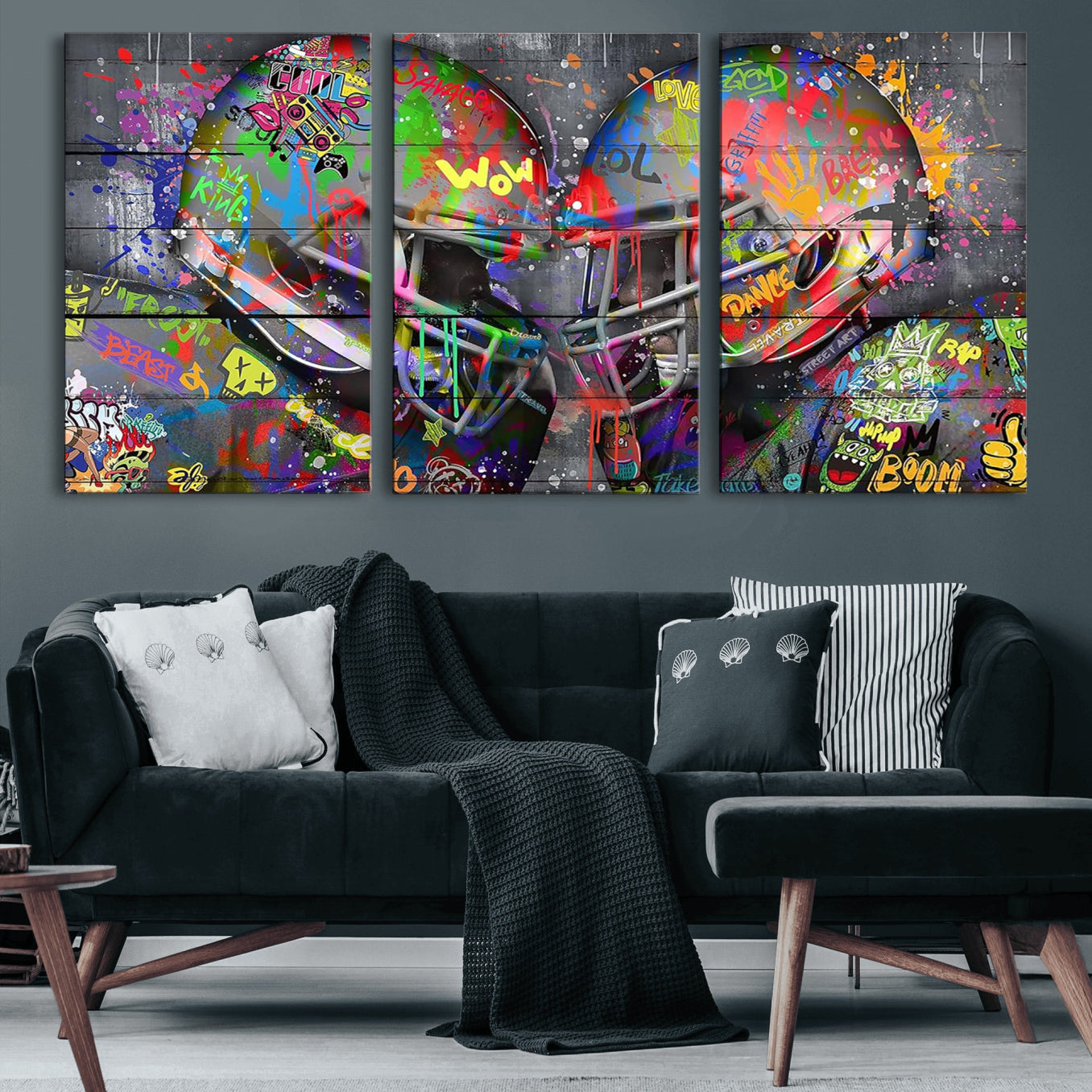 15309853-MGV-CV-36X24 - Graffiti Football Helmets Wall Art Canvas Print, Urban Street Art Sports Decor, Colorful American Football Graffiti Artwork