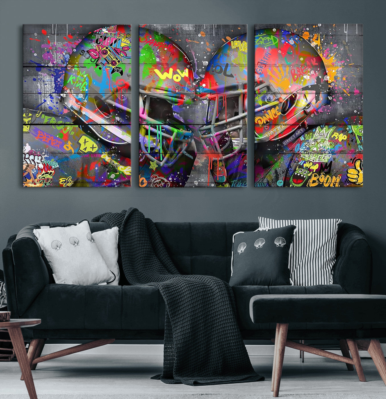 15309853-MGV-CV-36X24 - Graffiti Football Helmets Wall Art Canvas Print, Urban Street Art Sports Decor, Colorful American Football Graffiti Artwork