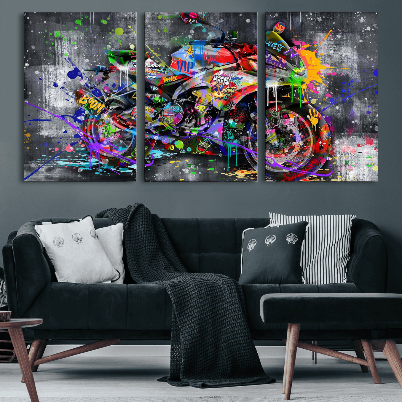 83021767-MGV-CV-36X24 - Graffiti Motorcycle Wall Art Canvas Print, Urban Street Art Motorbike Decor, Colorful Graffiti Sports Bike Artwork