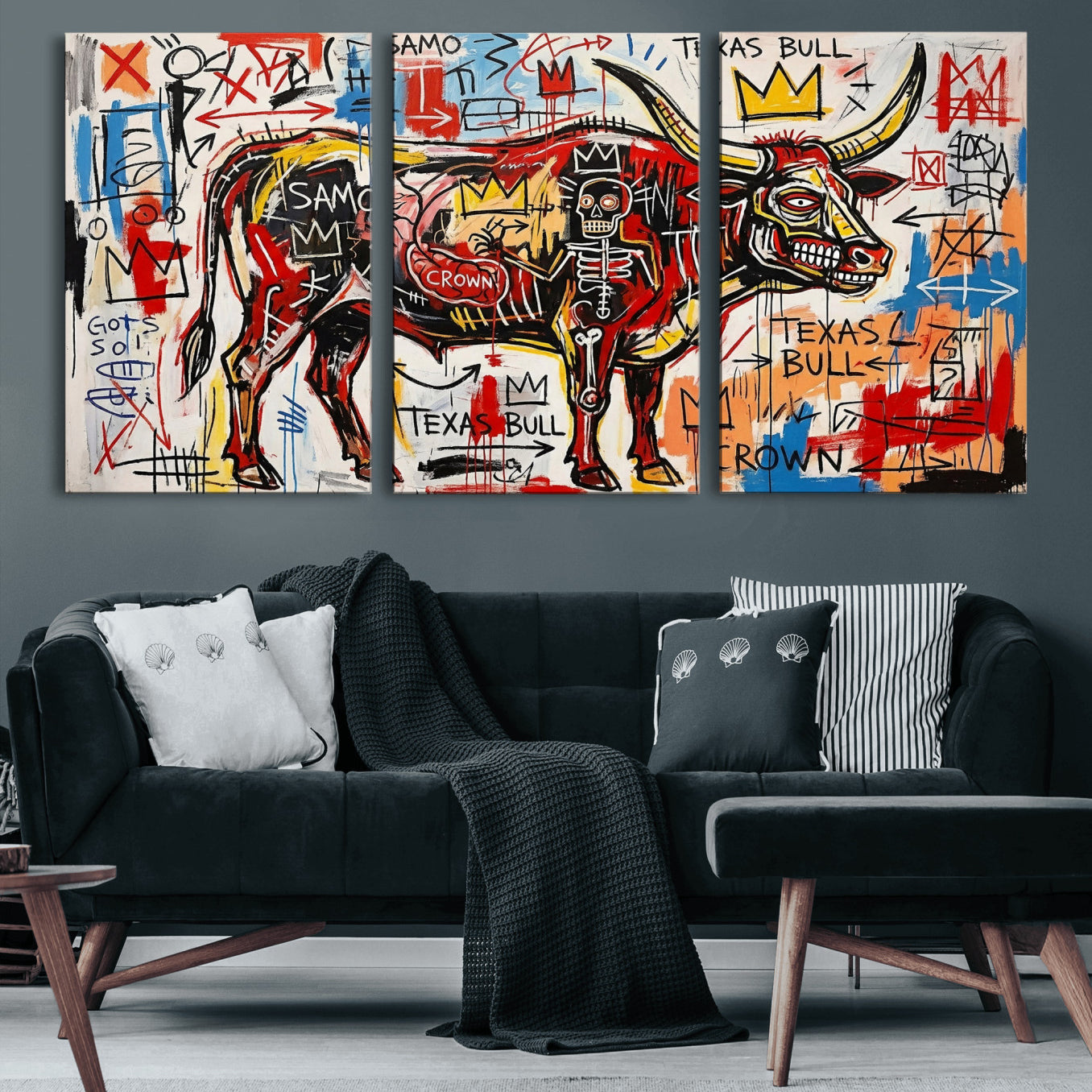 89504579-MGV-CV-36X24 - TITLE: Texas Bull Wall Art Canvas Print, Abstract Graffiti Bull Painting, Western Animal Art, Modern Ranch Decor