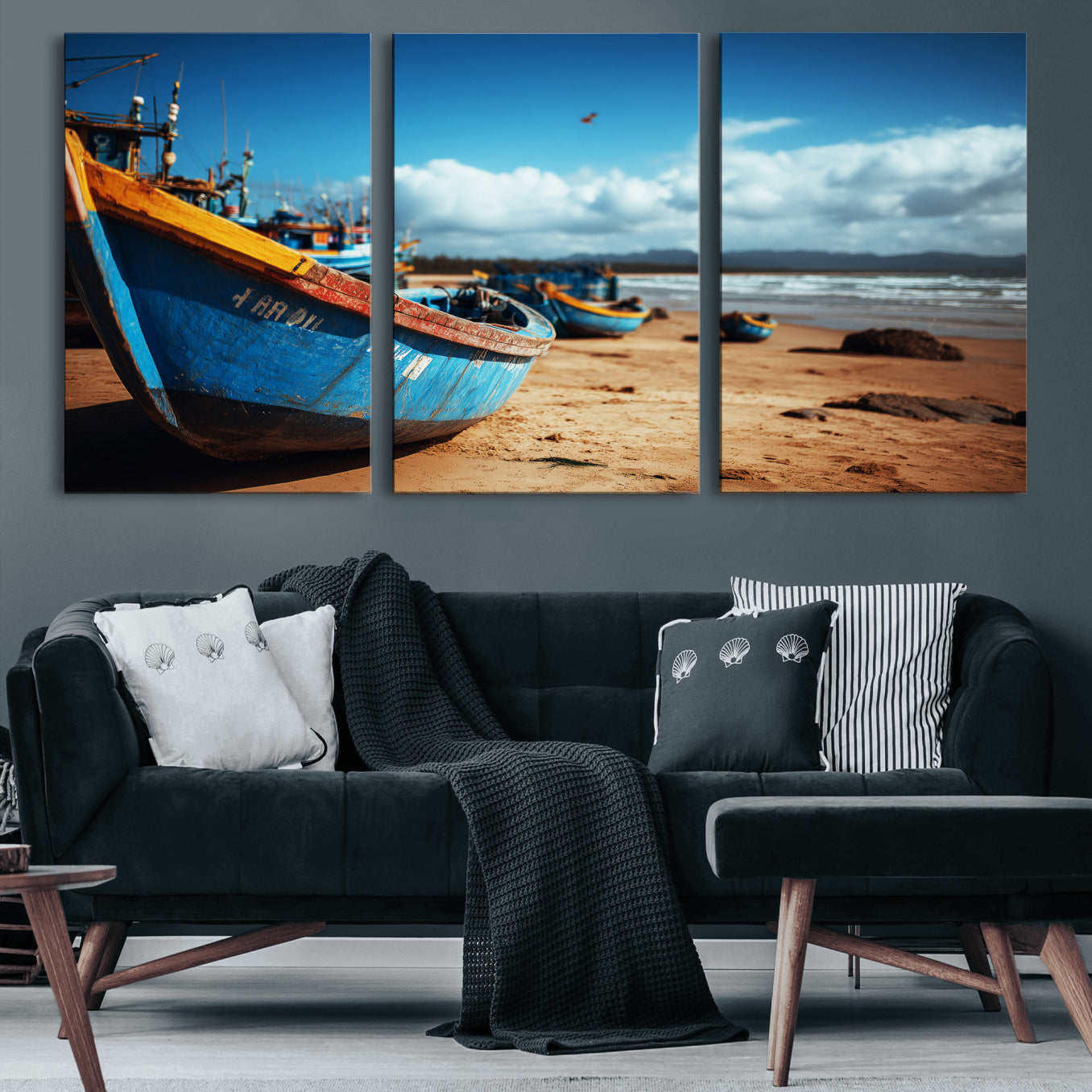 70925201-MGV-CV-36X24 - Fishing Boats Wall Art Canvas Print, Coastal Boat Beach Scene, Nautical Seaside Artwork, Ocean Shore Decor, Coastal Home Wall Art