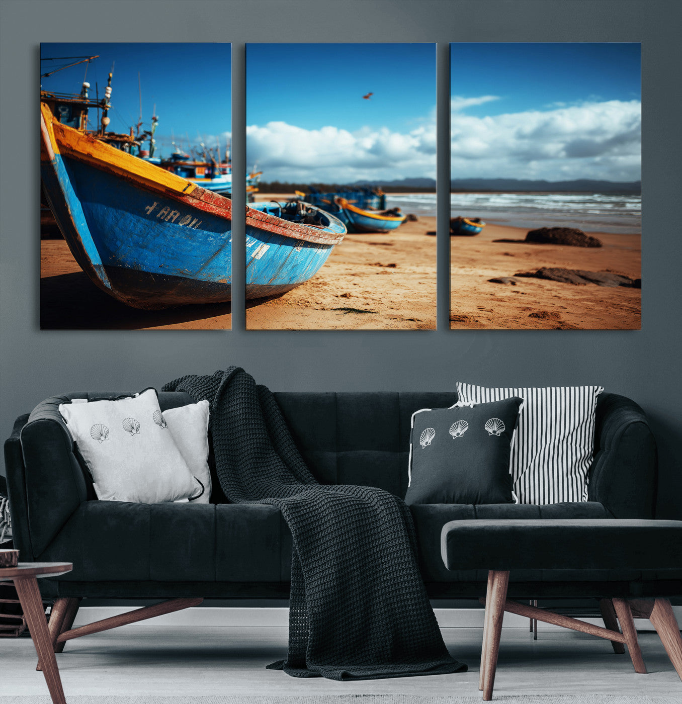 70925201-MGV-CV-36X24 - Fishing Boats Wall Art Canvas Print, Coastal Boat Beach Scene, Nautical Seaside Artwork, Ocean Shore Decor, Coastal Home Wall Art