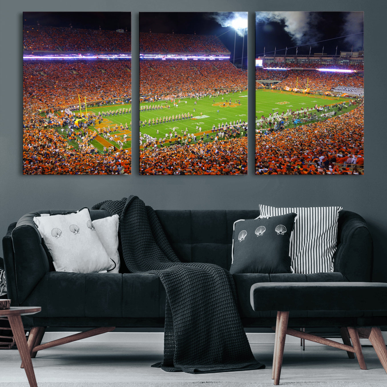 43662631-MGV-CV-36X24 - Clemson Football Stadium Wall Art Canvas Print, College Football Crowd Night Game Scene, Orange Stadium Panorama Wall Decor