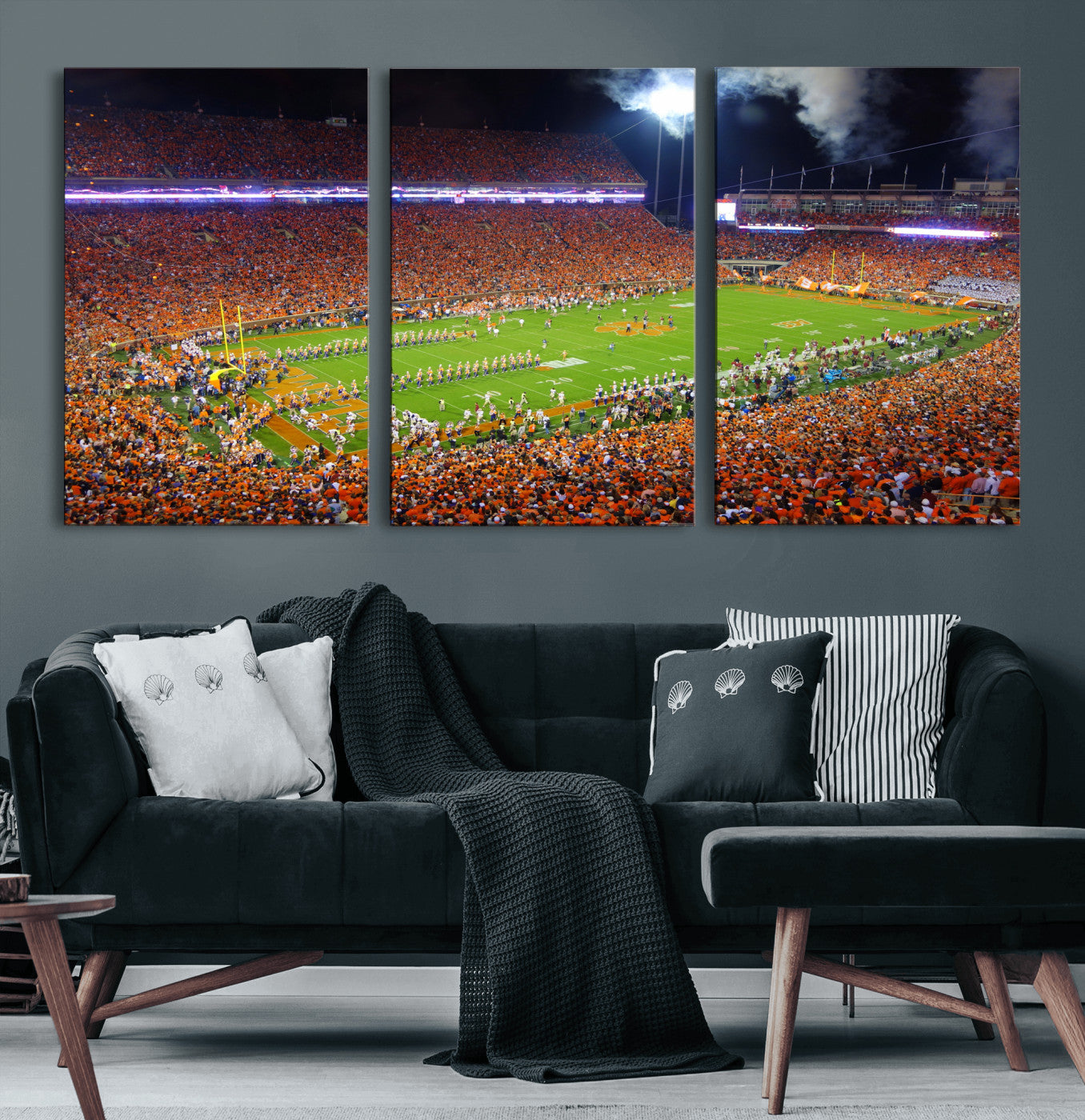 43662631-MGV-CV-36X24 - Clemson Football Stadium Wall Art Canvas Print, College Football Crowd Night Game Scene, Orange Stadium Panorama Wall Decor