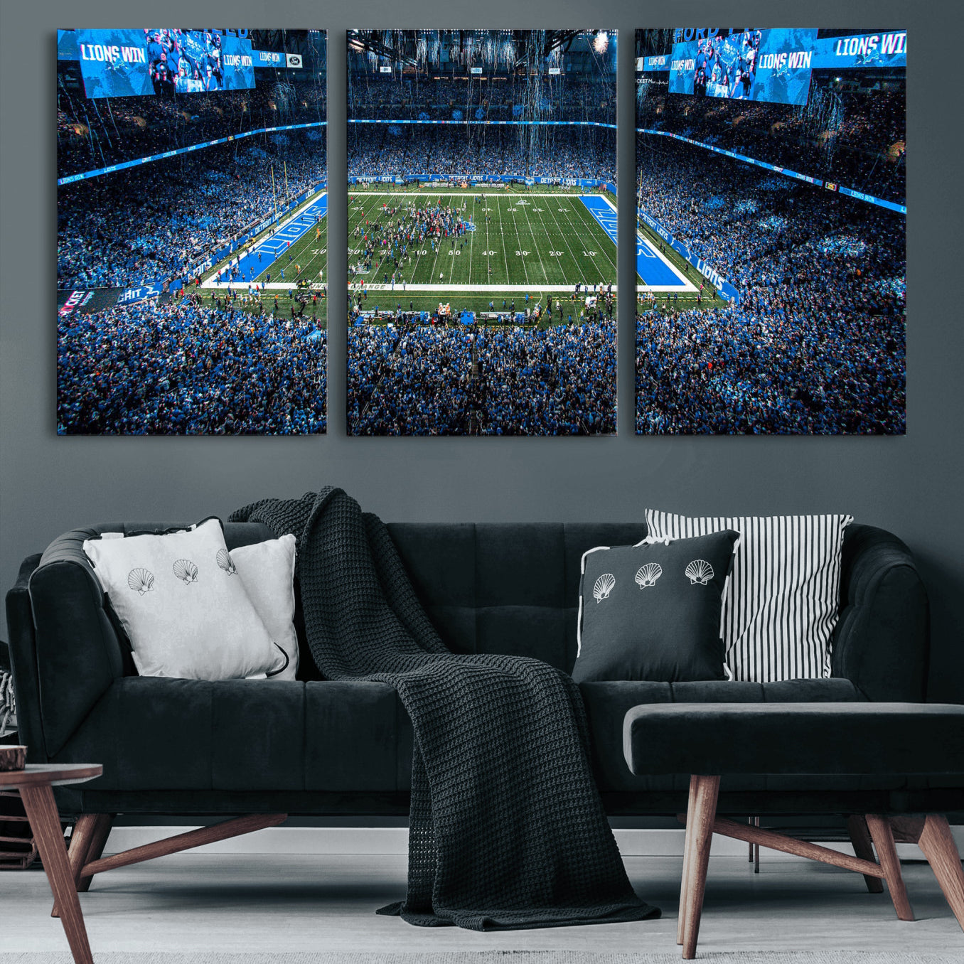 80882005-MGV-CV-36X24 - Detroit Lions Stadium Wall Art Canvas Print, Football Field Panorama Artwork, NFL Game Night Stadium Decor