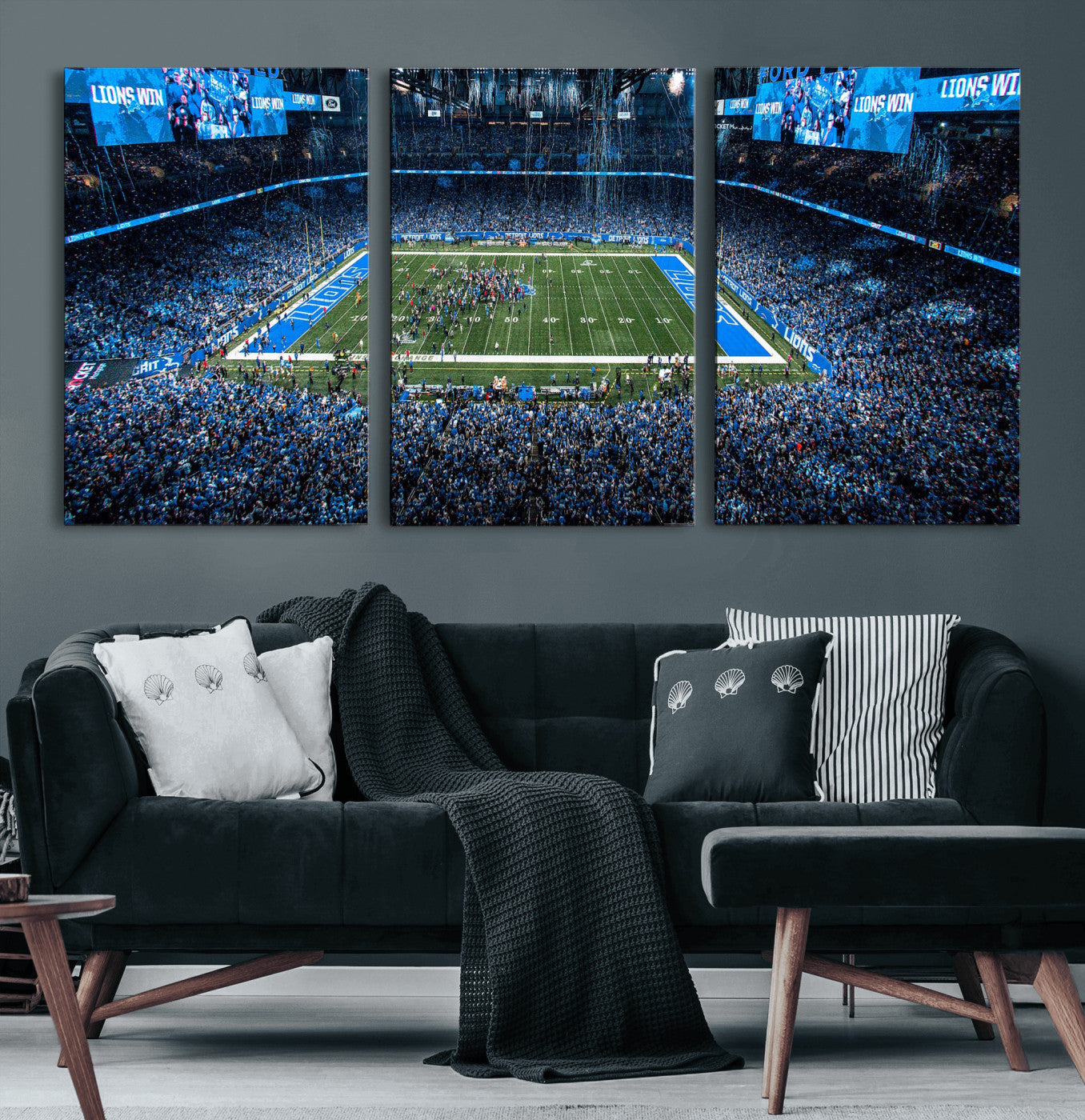 80882005-MGV-CV-36X24 - Detroit Lions Stadium Wall Art Canvas Print, Football Field Panorama Artwork, NFL Game Night Stadium Decor