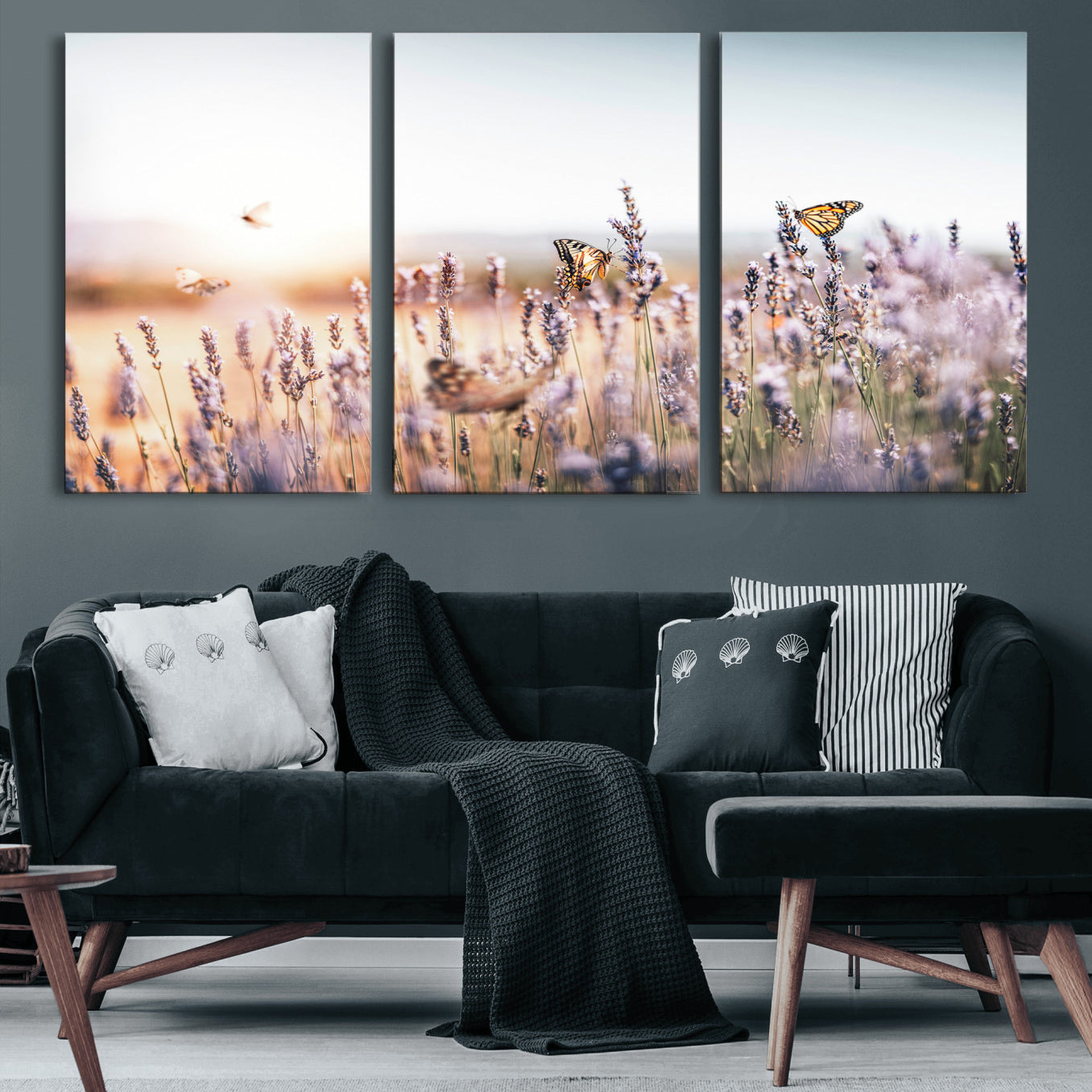 46417478-MGV-CV-36X24 - Lavender Field Wall Art Canvas Print, Butterfly Floral Landscape Art, Soft Nature Wall Decor for Bedroom