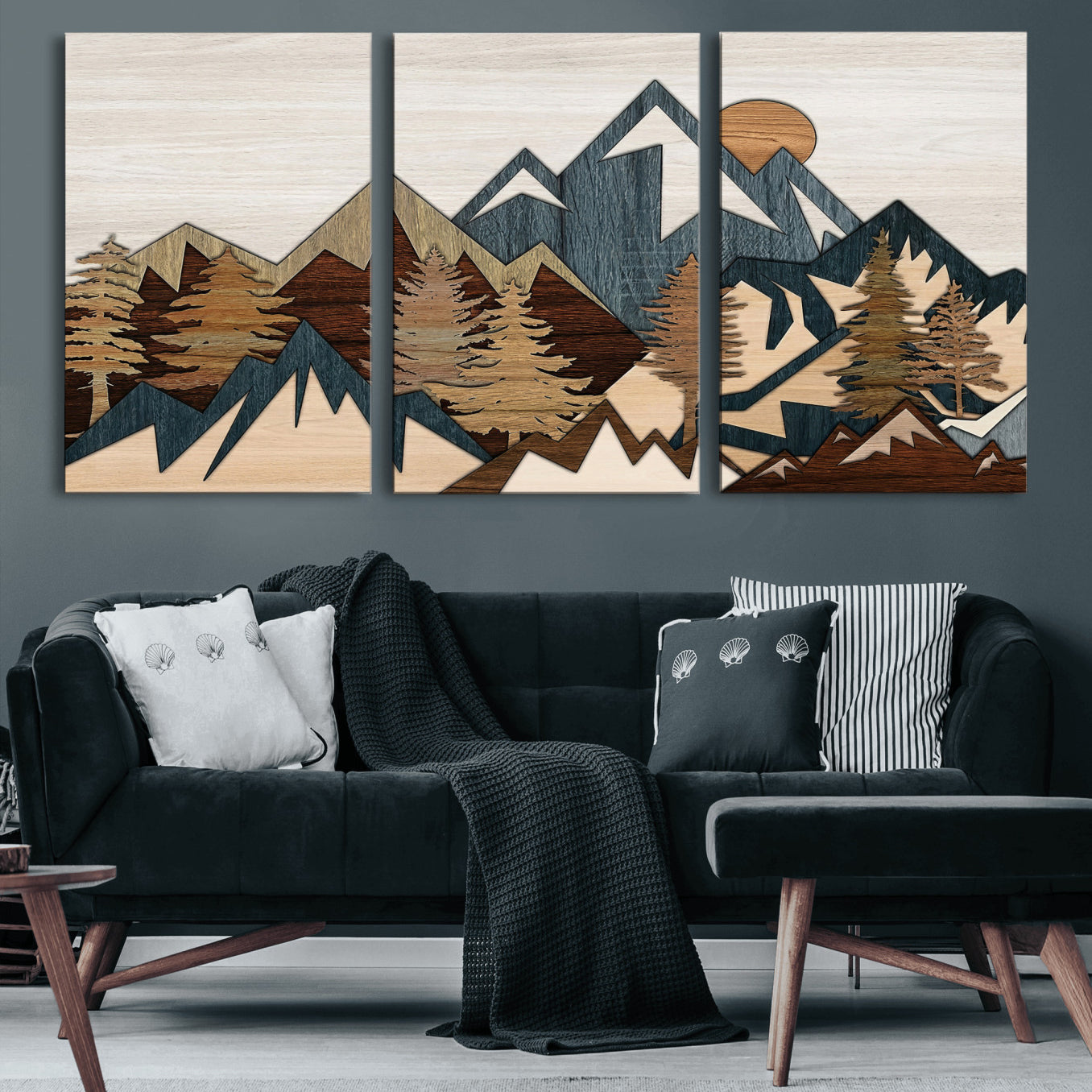 61833055-MGV-CV-36X24 - Mountain Forest Wall Art Canvas Print, Layered Wood Landscape Artwork, Rustic Nature Wall Decor for Living Room