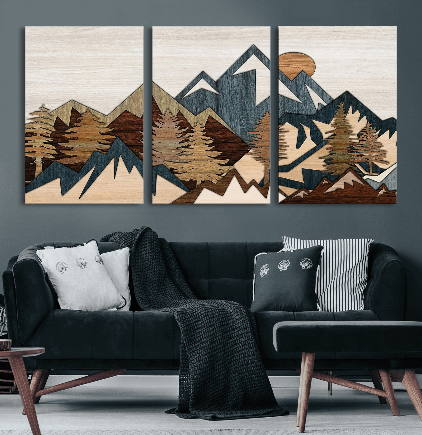 61833055-MGV-CV-36X24 - Mountain Forest Wall Art Canvas Print, Layered Wood Landscape Artwork, Rustic Nature Wall Decor for Living Room