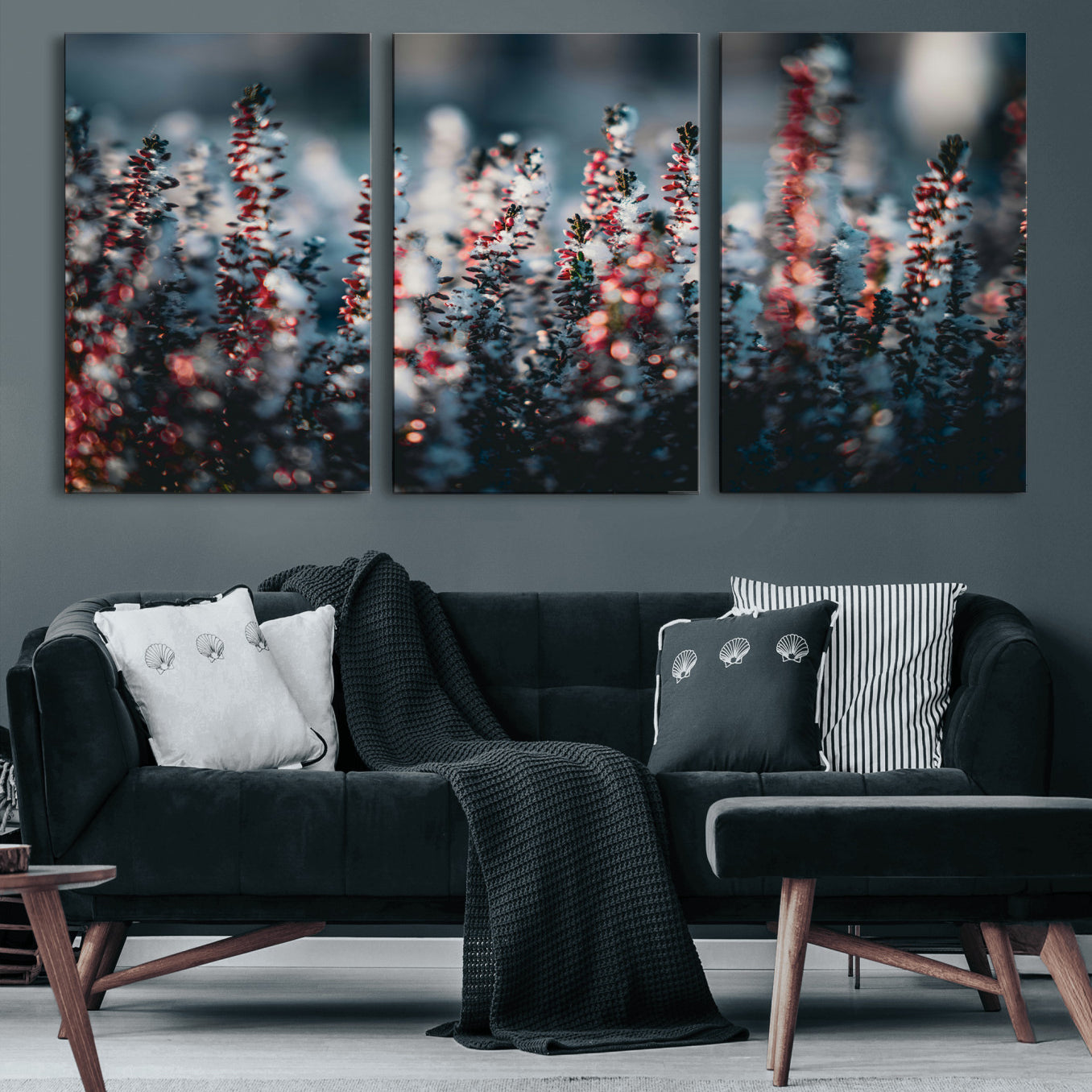 82063935-MGV-CV-36X24 - Winter Heather Wall Art Canvas Print, Frosted Floral Nature Art, Moody Botanical Wall Decor