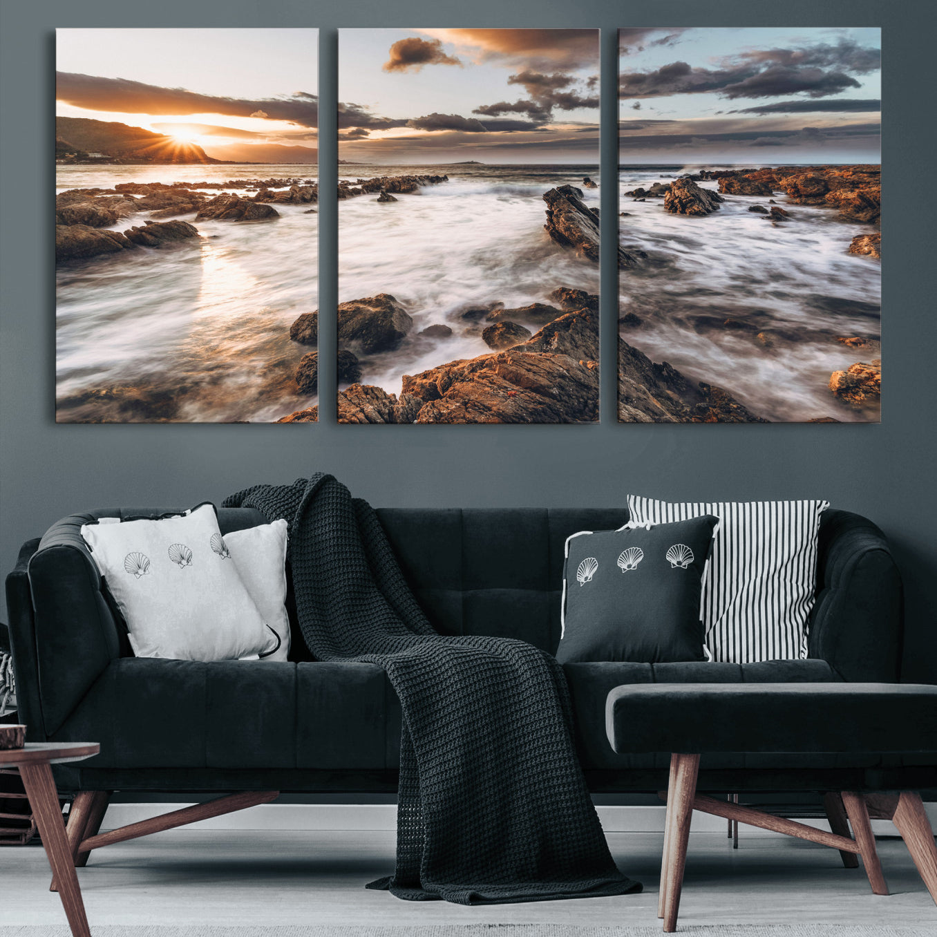 66746024-MGV-CV-36X24 - Rocky Coast Ocean Sunset Wall Art Canvas Print, Dramatic Seascape Nature Wall Decor for Living Room and Office