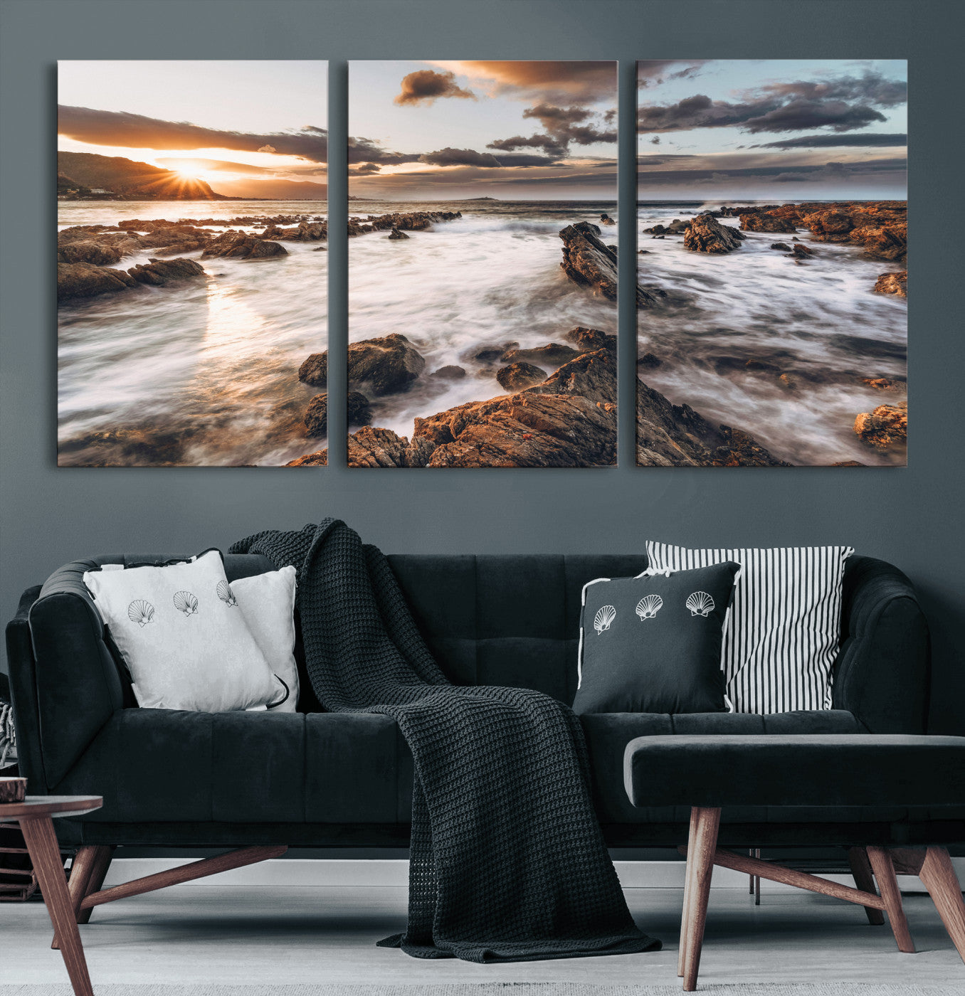 66746024-MGV-CV-36X24 - Rocky Coast Ocean Sunset Wall Art Canvas Print, Dramatic Seascape Nature Wall Decor for Living Room and Office