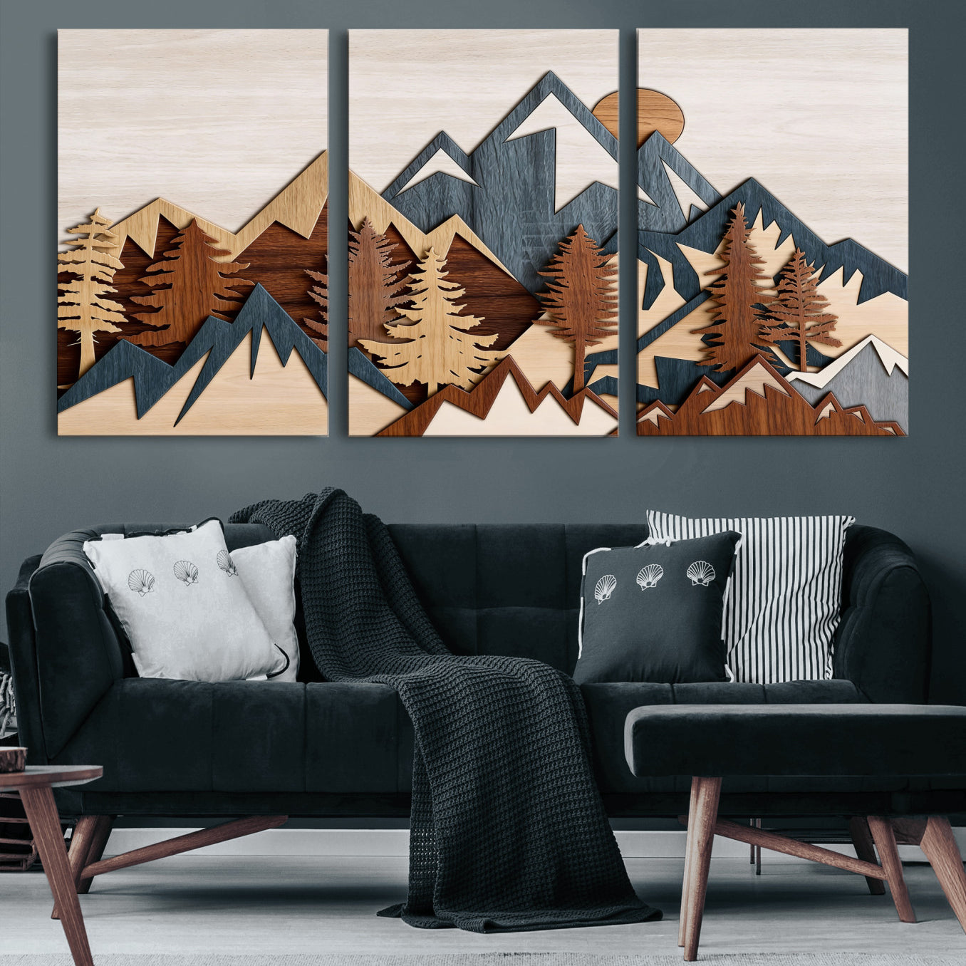 39888898-MGV-CV-36X24 - Layered Wooden Mountain Wall Art Canvas Print, Modern Rustic Forest and Pine Landscape Wall Decor