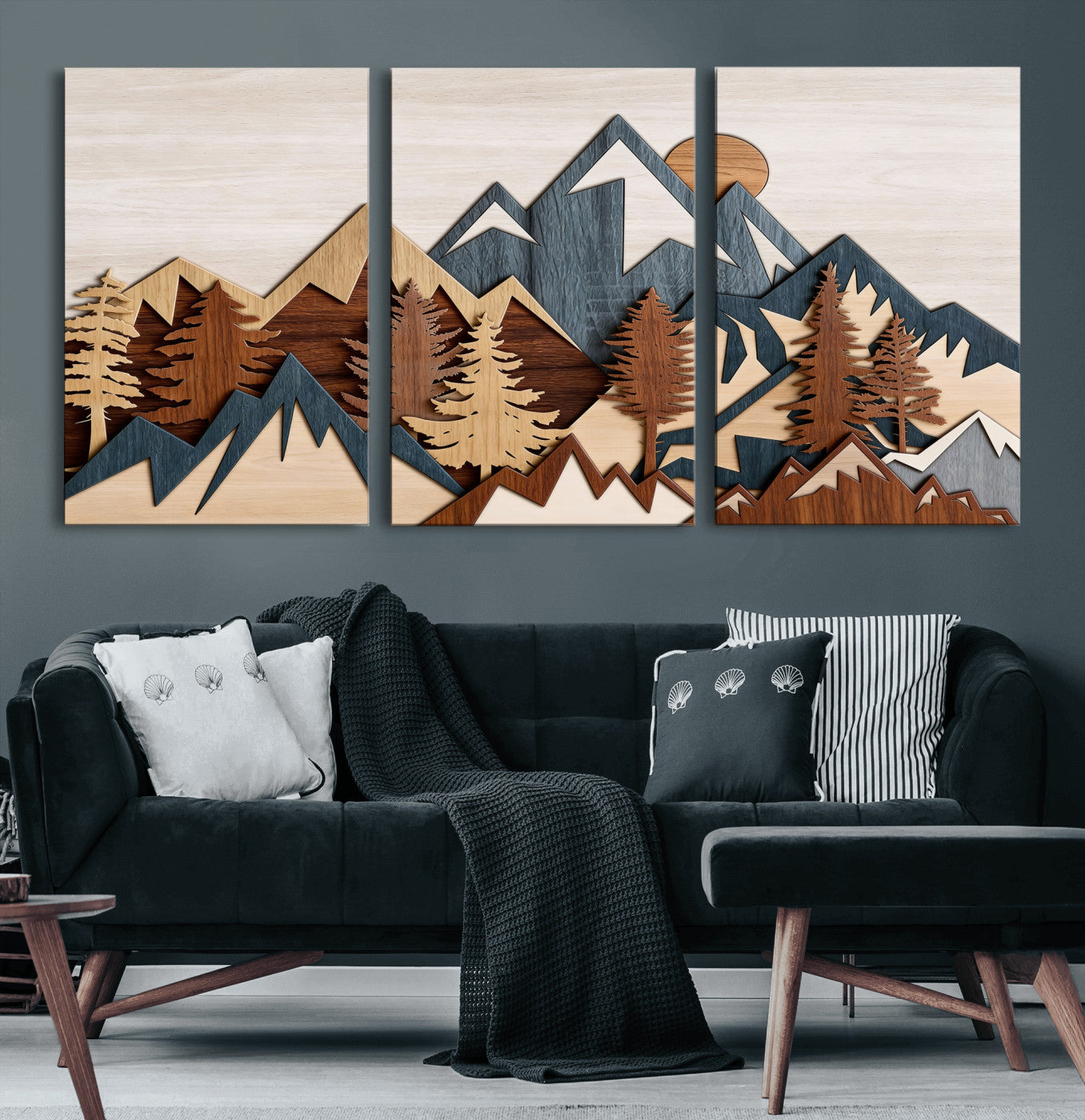 39888898-MGV-CV-36X24 - Layered Wooden Mountain Wall Art Canvas Print, Modern Rustic Forest and Pine Landscape Wall Decor