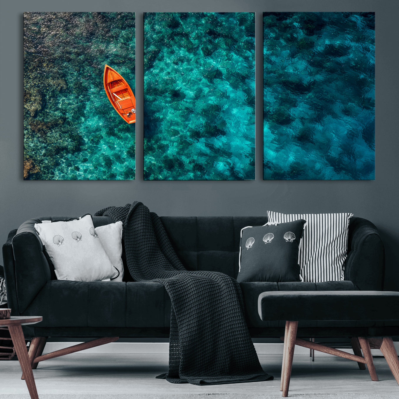 51638658-MGV-CV-36X24 - Turquoise Ocean Boat Wall Art Canvas Print, Aerial Sea Landscape Artwork, Minimal Coastal Water Scene, Modern Blue Ocean Canvas Wall Art Print