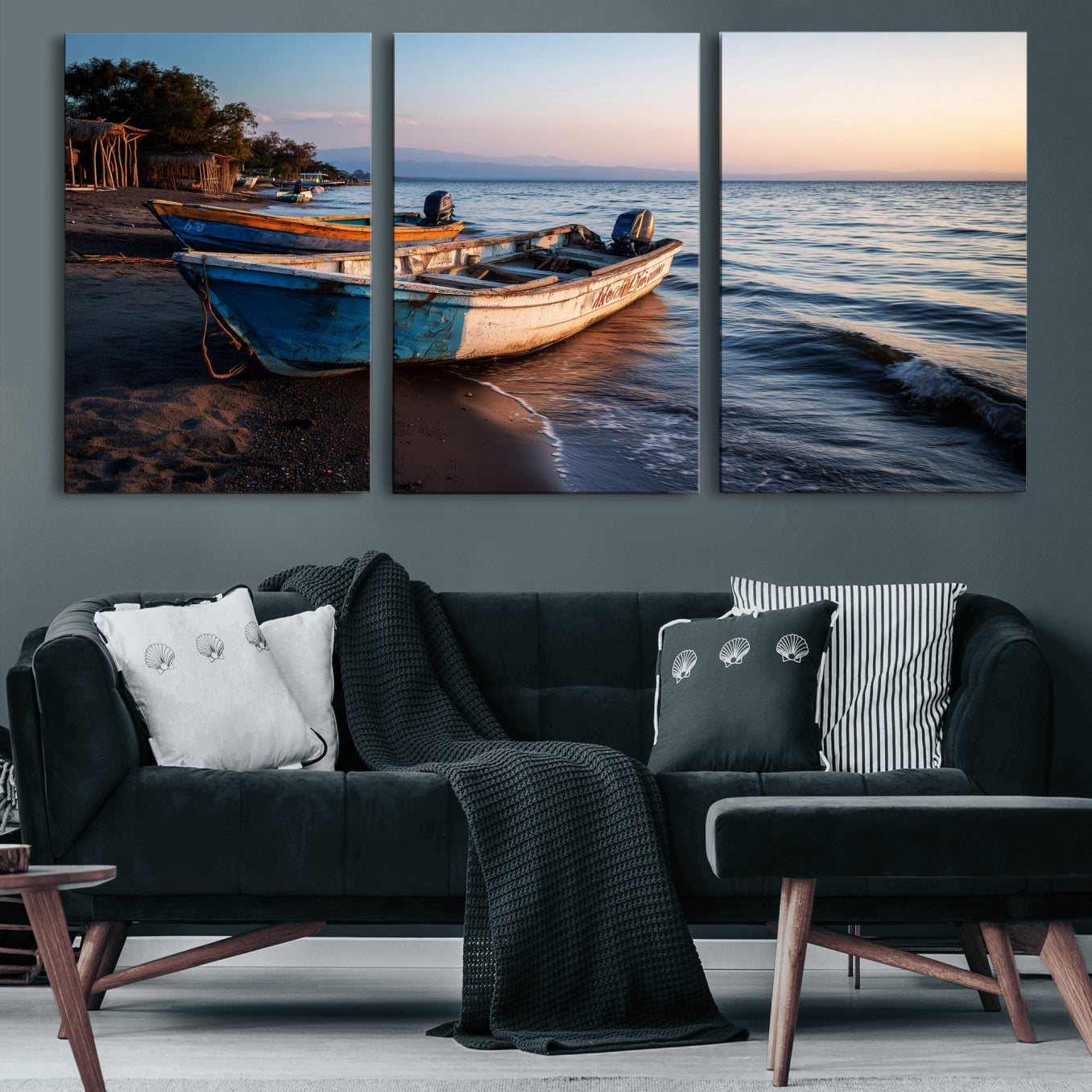 48310406-MGV-CV-36X24 - Coastal Fishing Boats Wall Art Canvas Print, Sunset Beach Boat Scene, Rustic Seaside Landscape Artwork, Calm Ocean Shore Wall Art
