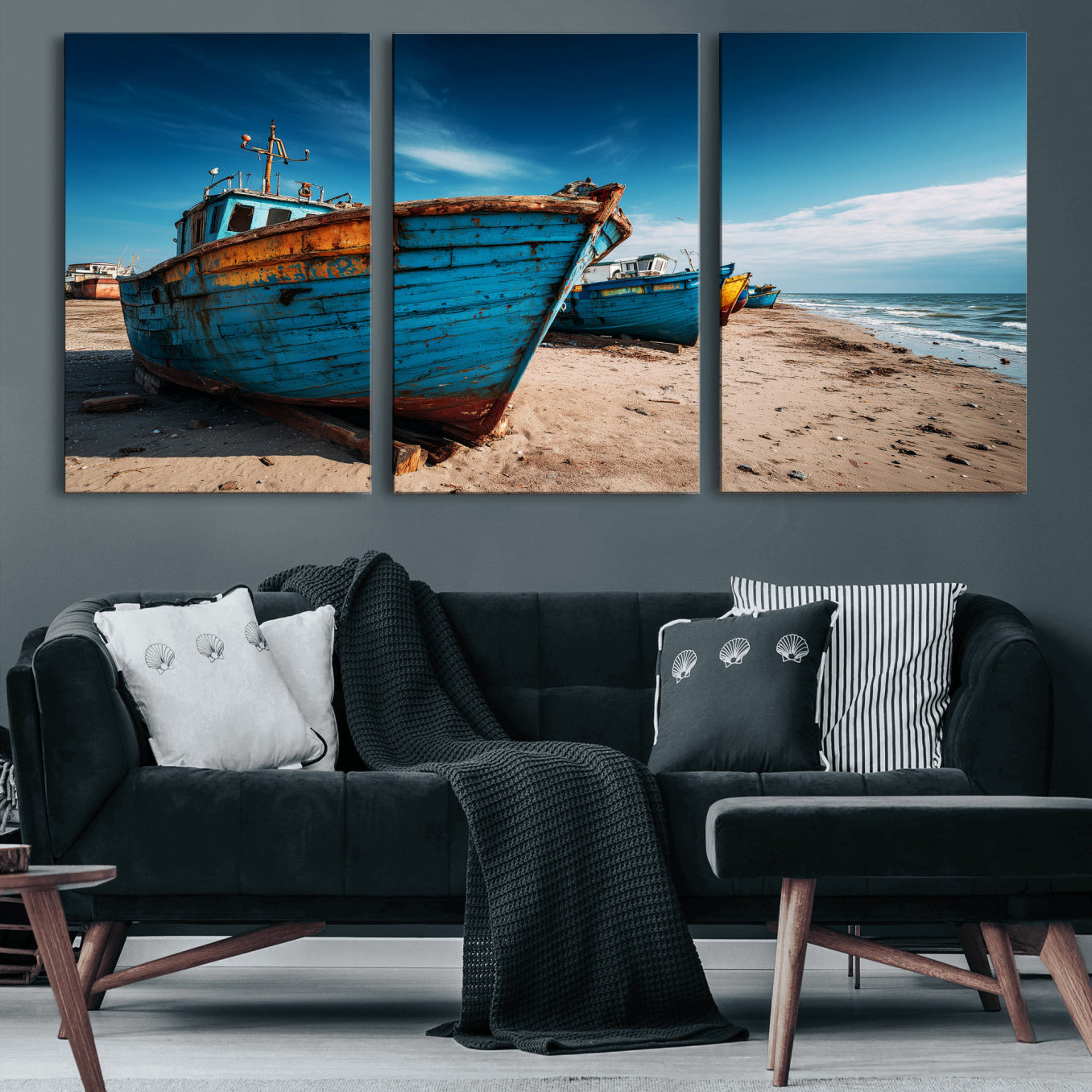 99726300-MGV-CV-36X24 - Coastal Fishing Boats Wall Art Canvas Print, Sunset Beach Boat Scene, Rustic Seaside Landscape Artwork, Calm Ocean Shore Wall Art